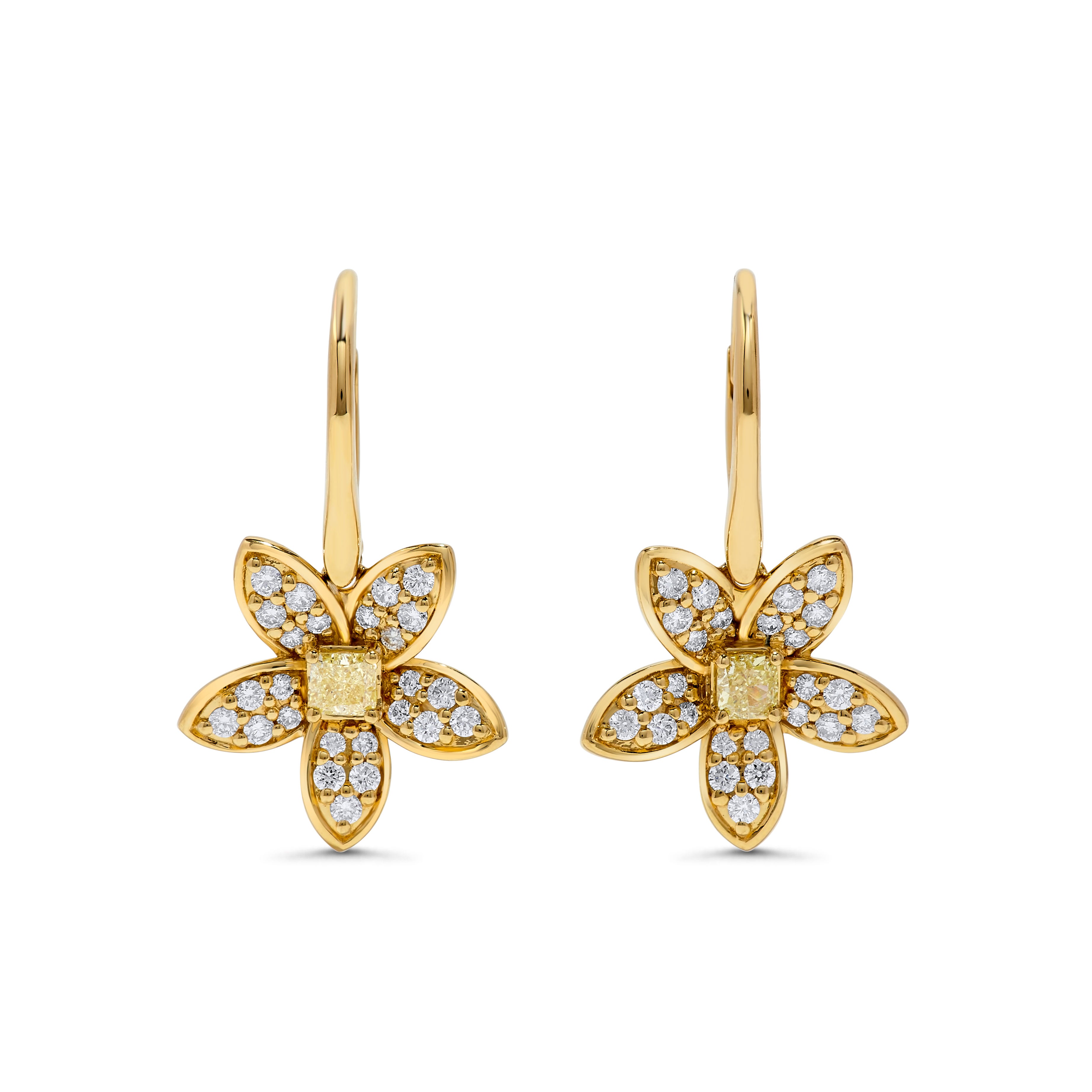 Yellow Cushion and White Diamond Floral Drop Earrings