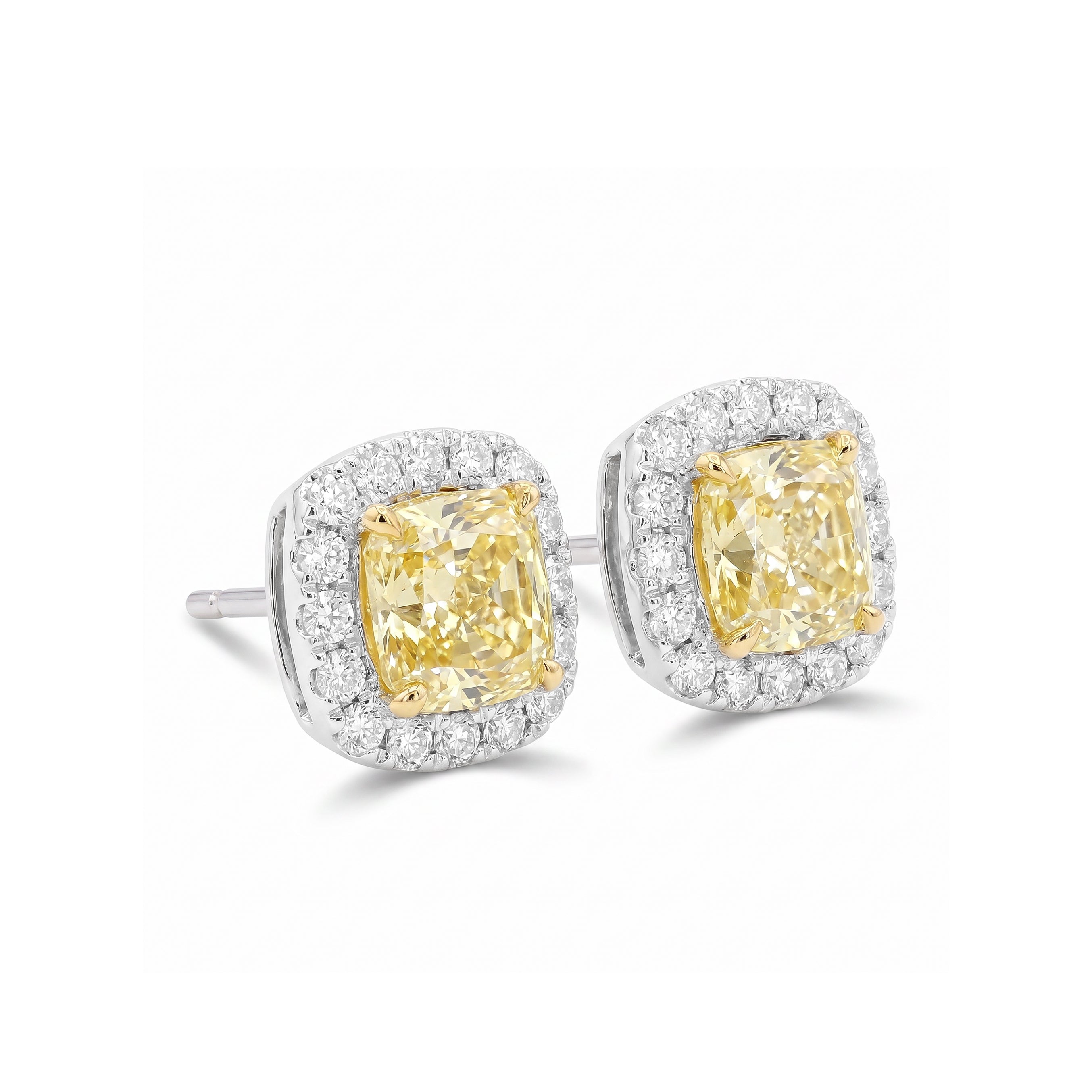 Natural Yellow Cushion Diamond Halo Earrings