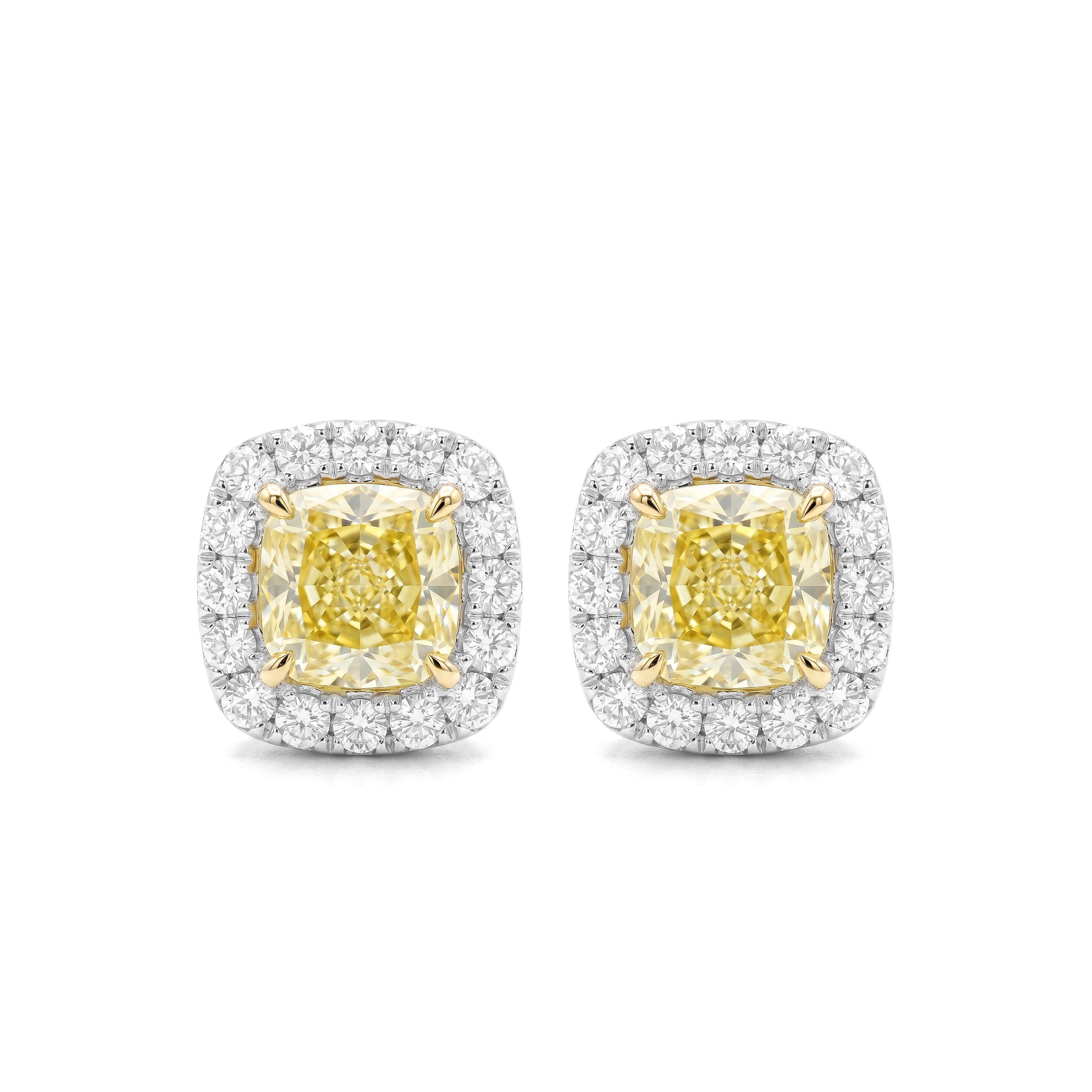Natural Yellow Cushion Diamond Halo Earrings