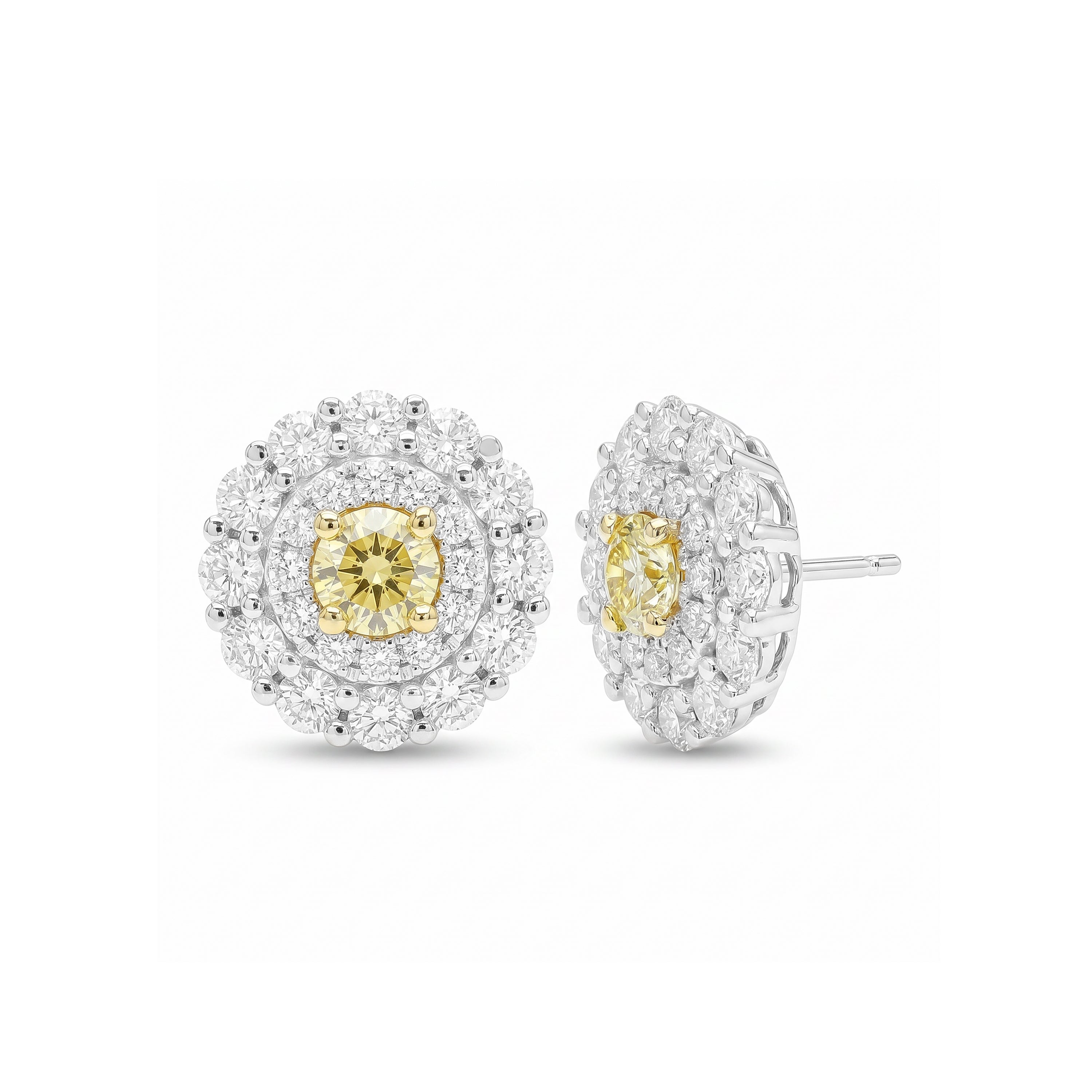 Natural Yellow Round Diamond Halo Earrings