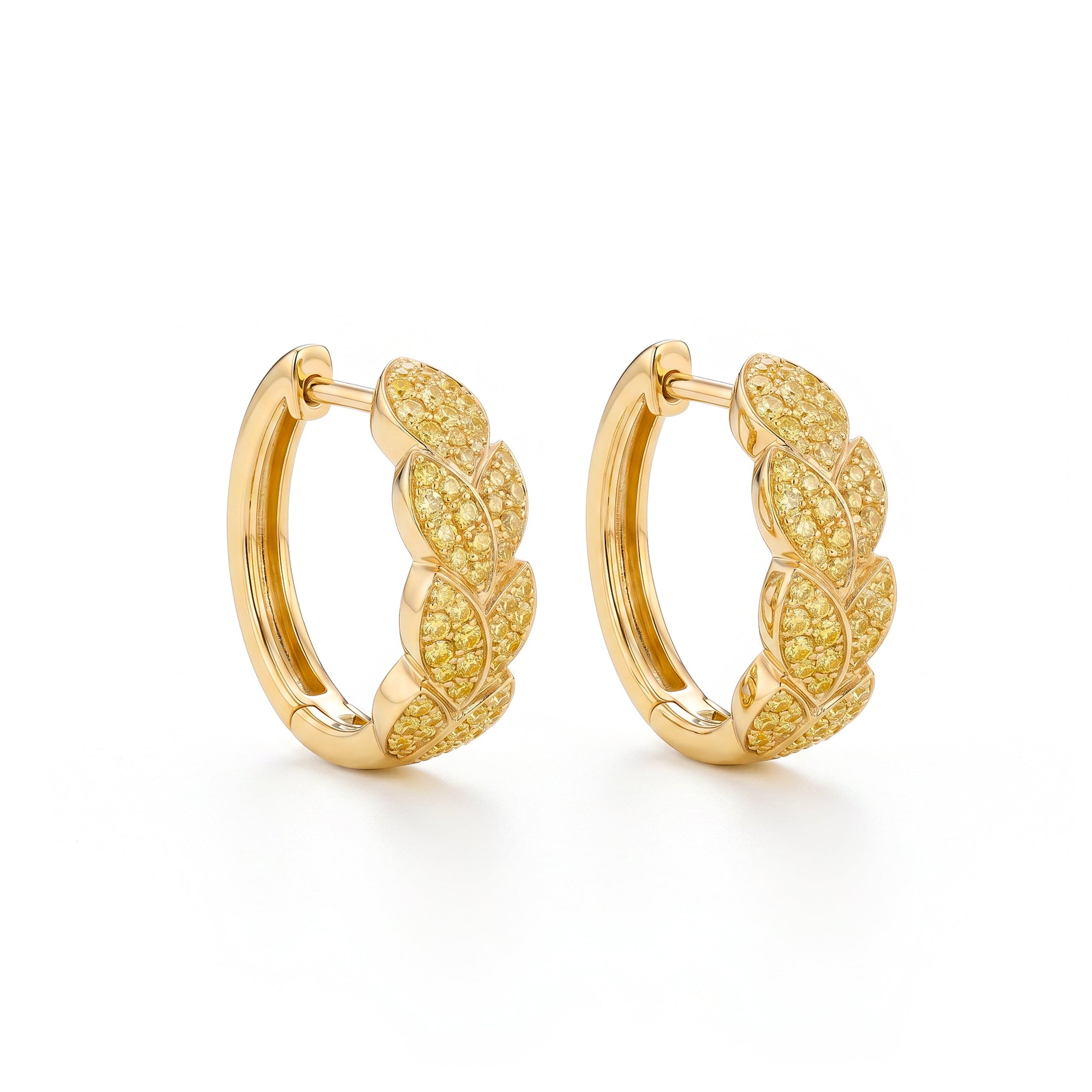 Natural Yellow Pavé Diamond Leaf Huggie Earrings