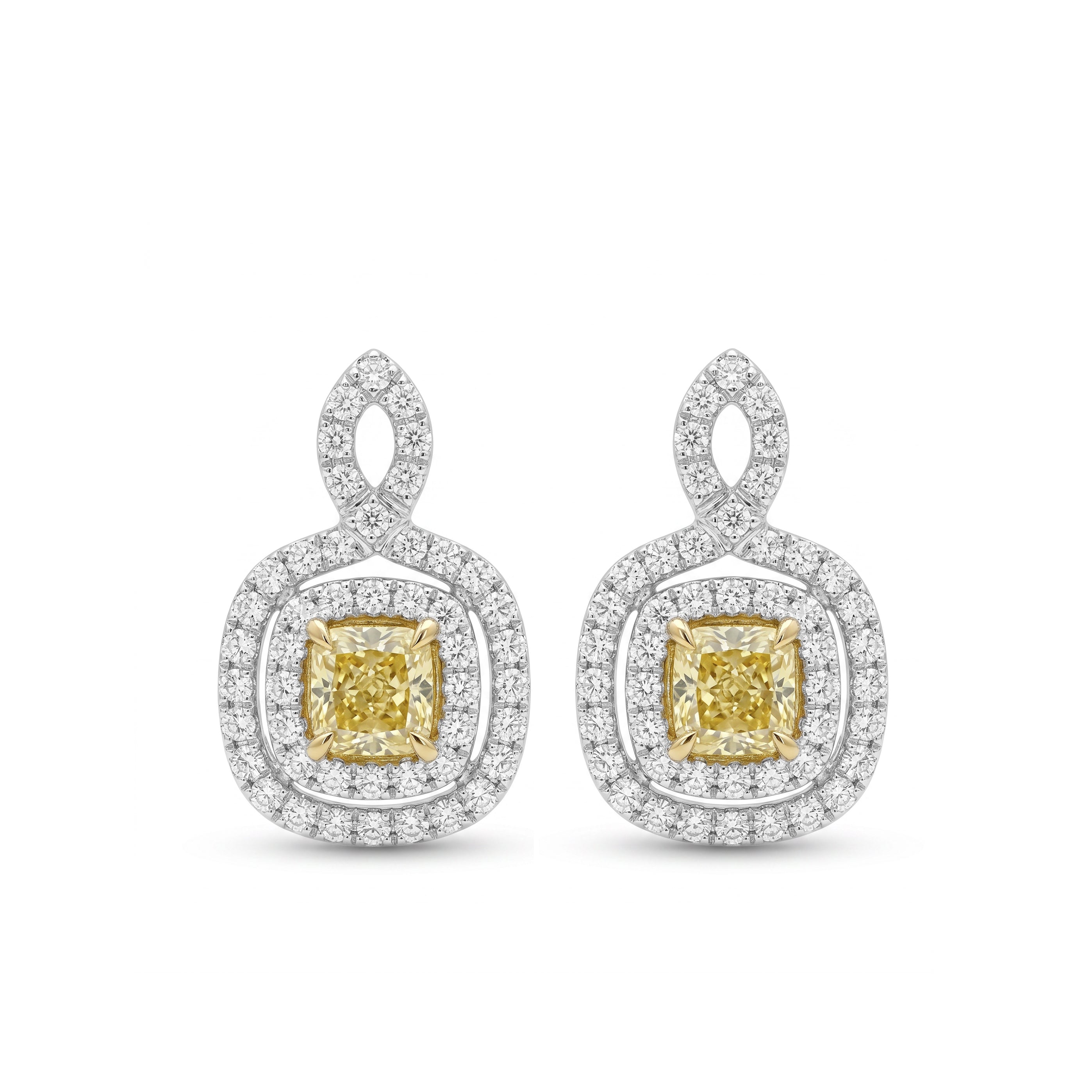 Natural Yellow Cushion Diamond Double Halo Earrings | GIA Certified