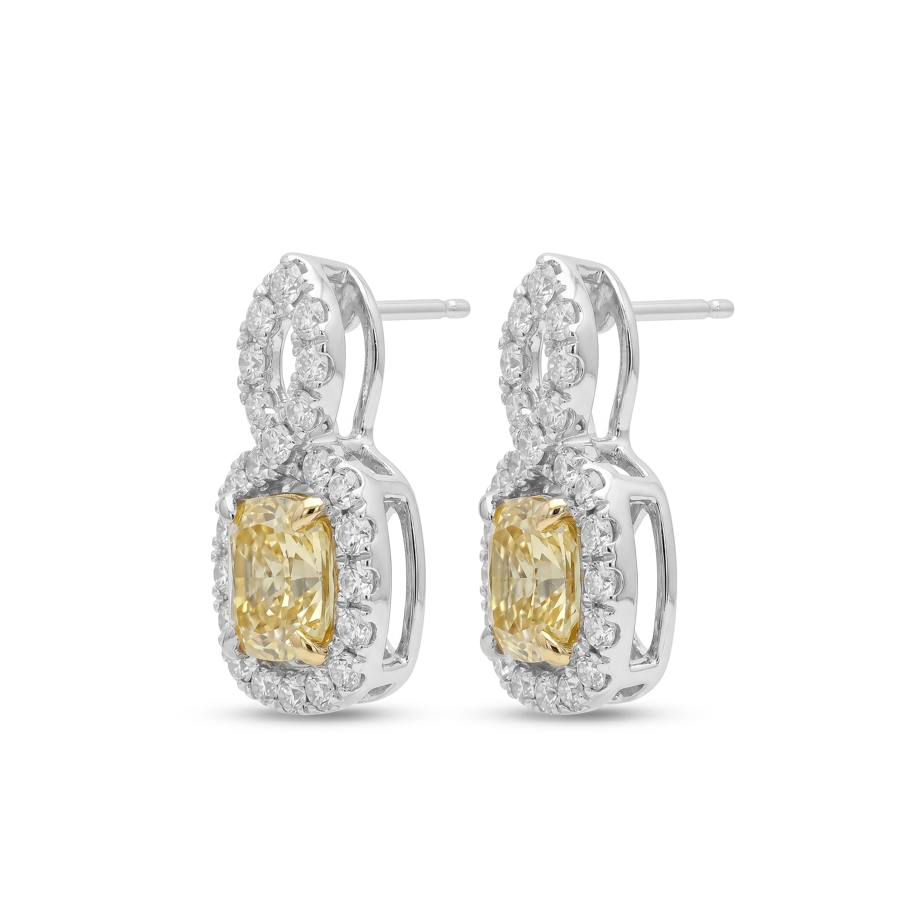 Natural Yellow Radiant Diamond Halo Earrings | GIA Certified