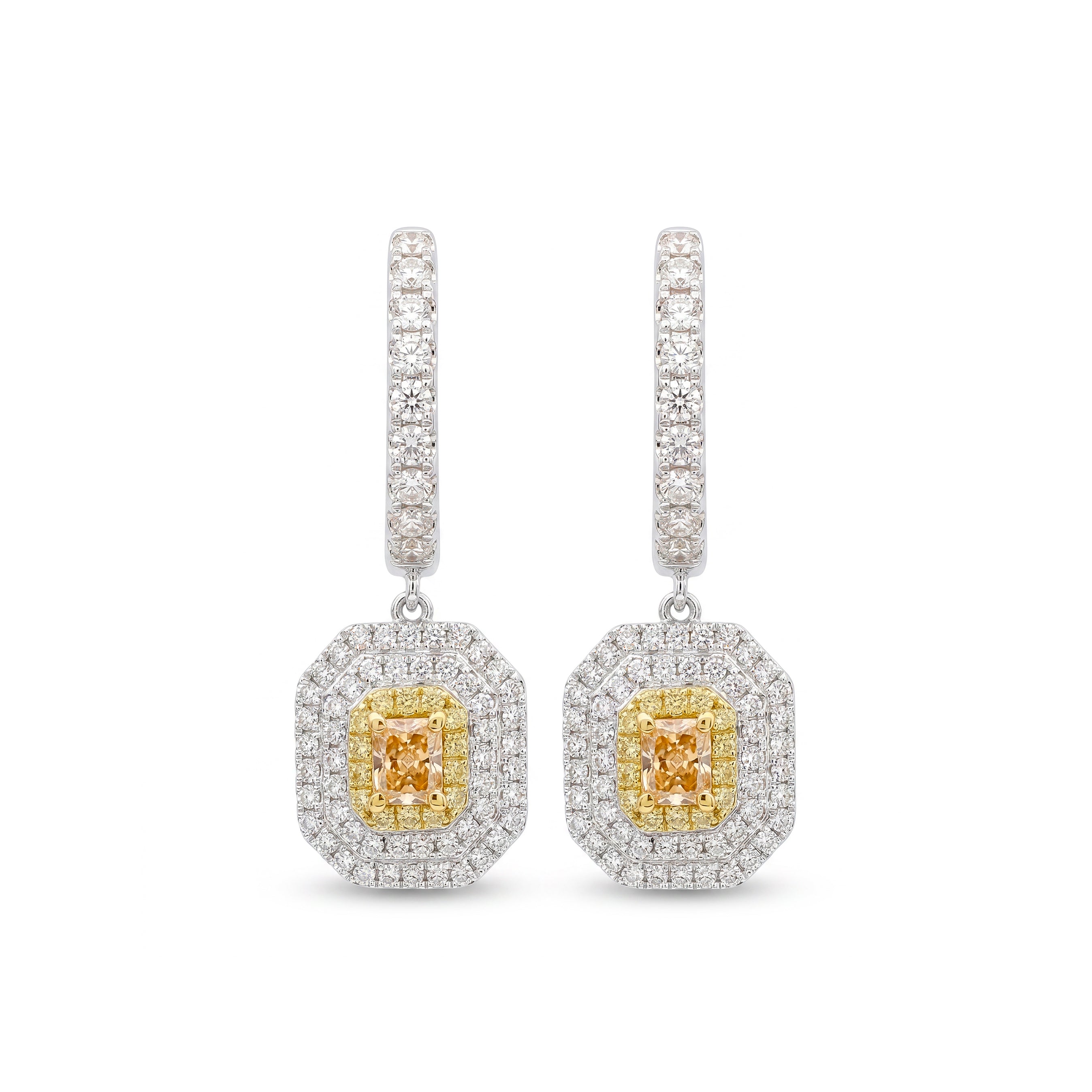 Natural Orange Radiant Diamond Halo Drop Earrings | GIA Certified