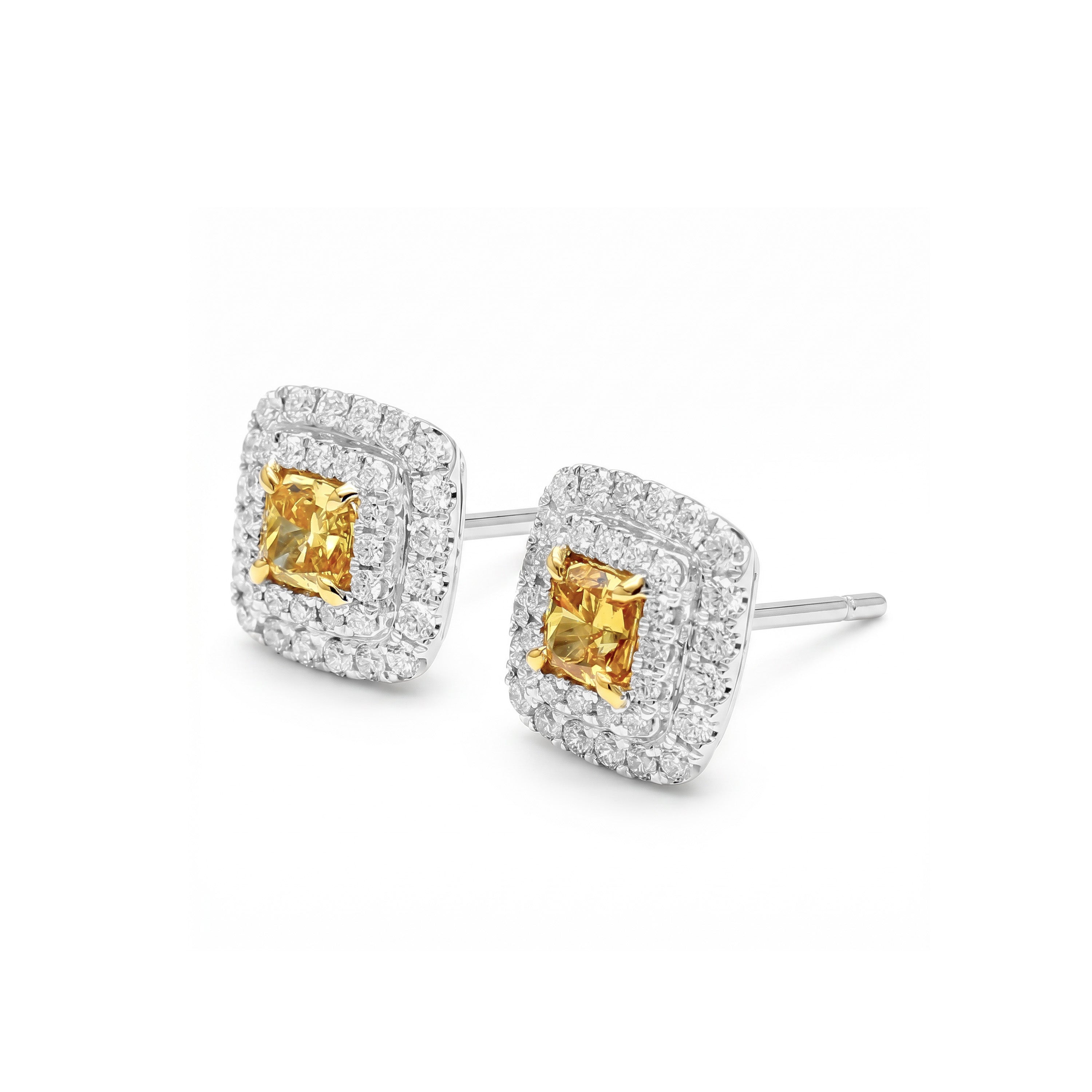 Natural Orange Cushion Diamond Halo Earrings | GIA Certified