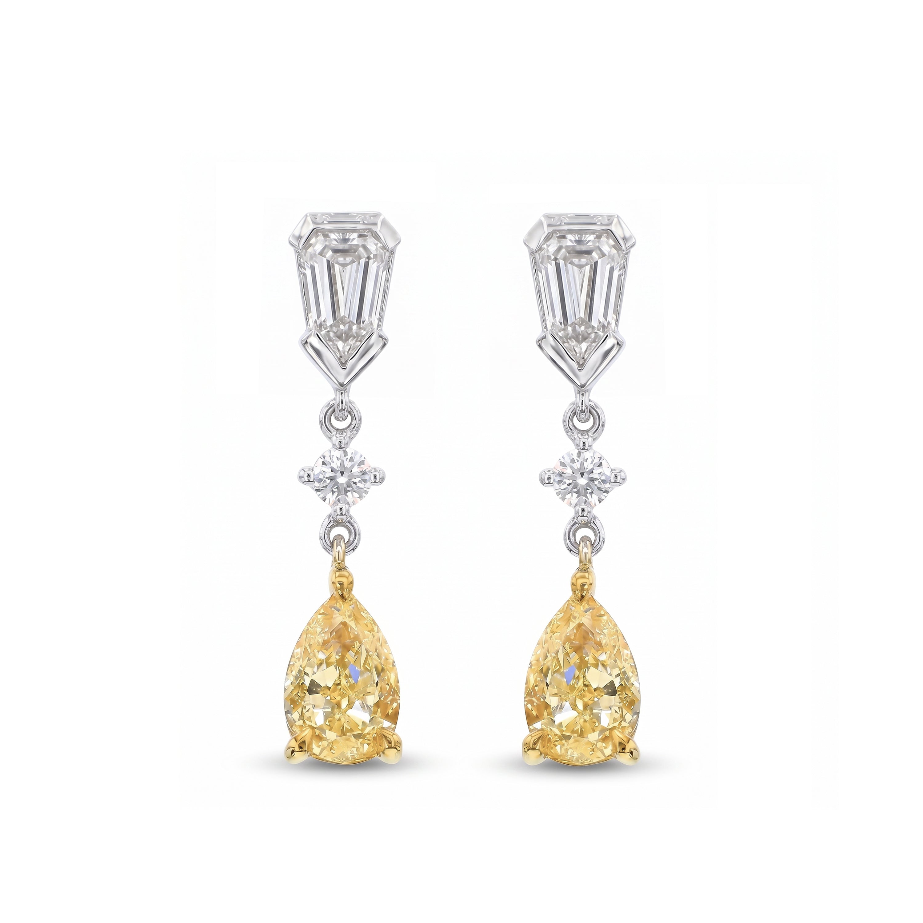 Natural Yellow Pear & White Shield Diamond Drop Earrings | GIA Certified