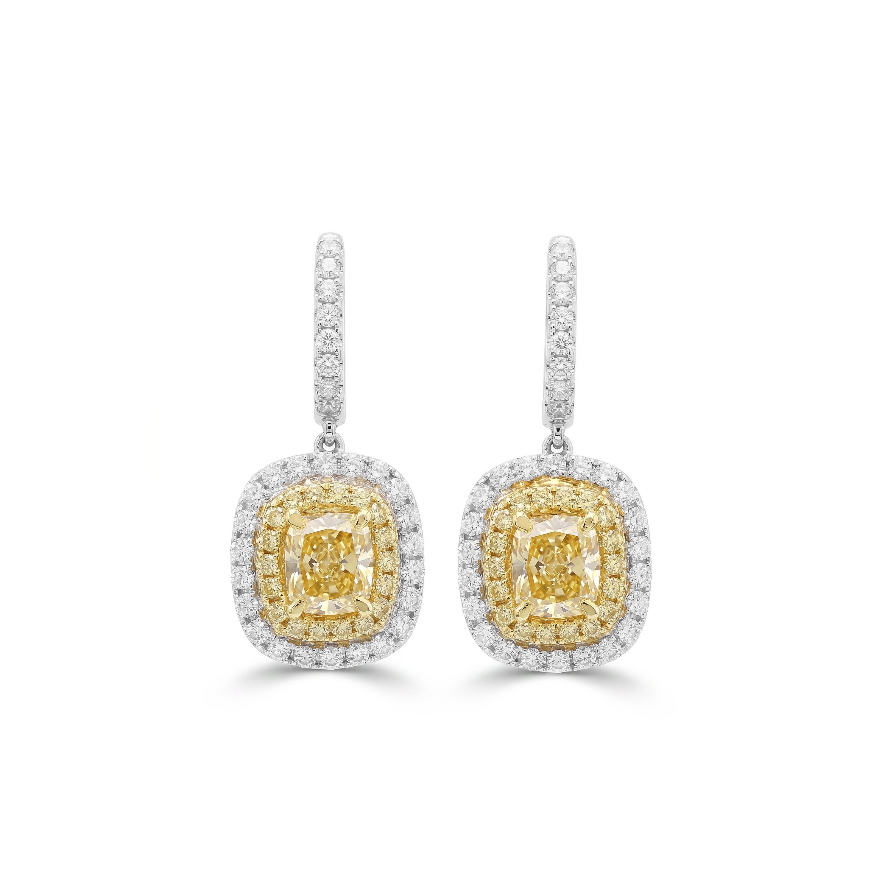 Natural Yellow Cushion Diamond Halo Drop Earring | GIA Certified