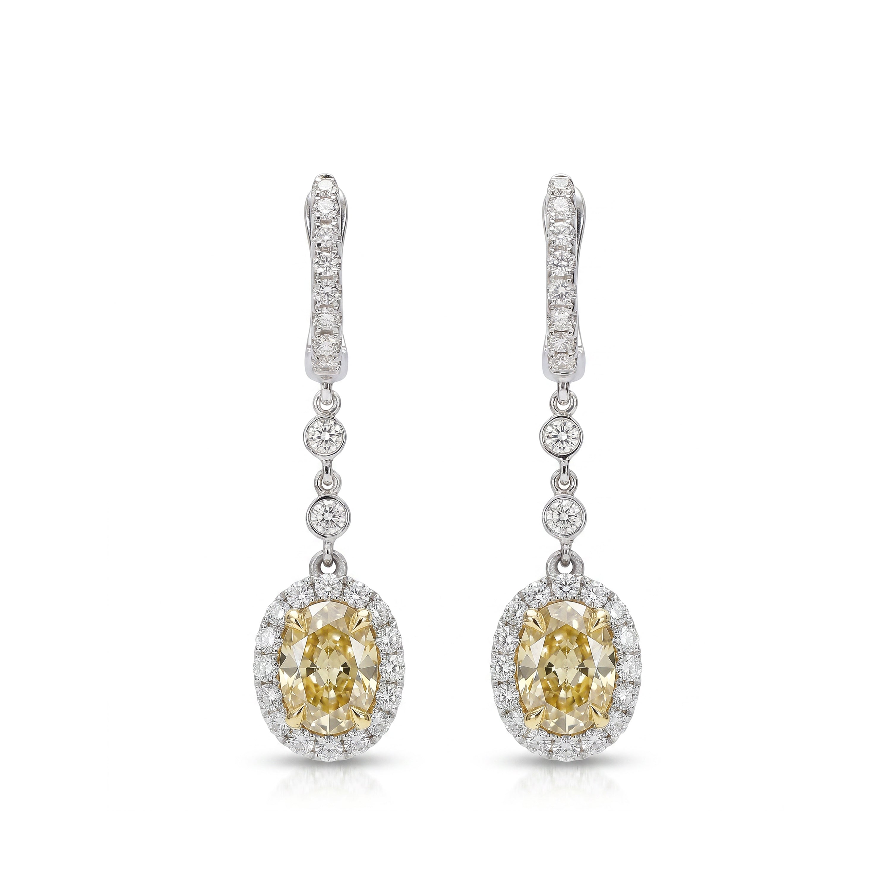 Natural Yellow Oval Diamond Halo Drop Earrings | GIA Certified