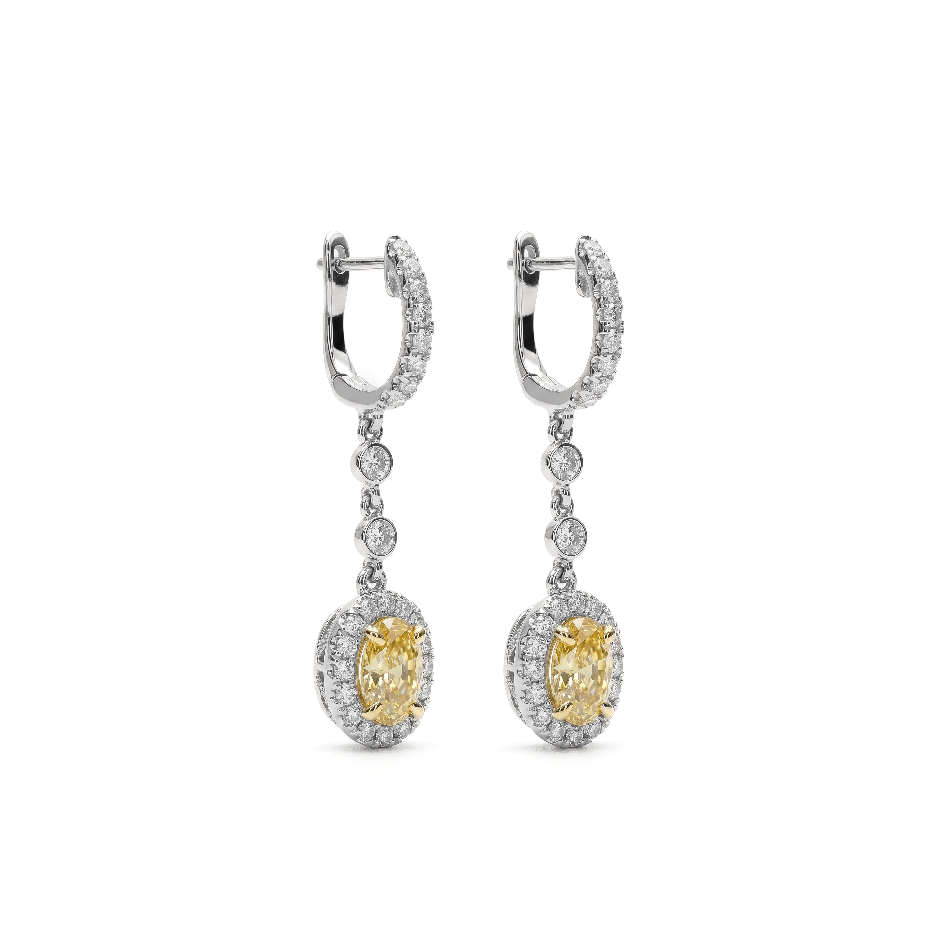 Natural Yellow Oval Diamond Halo Drop Earrings | GIA Certified