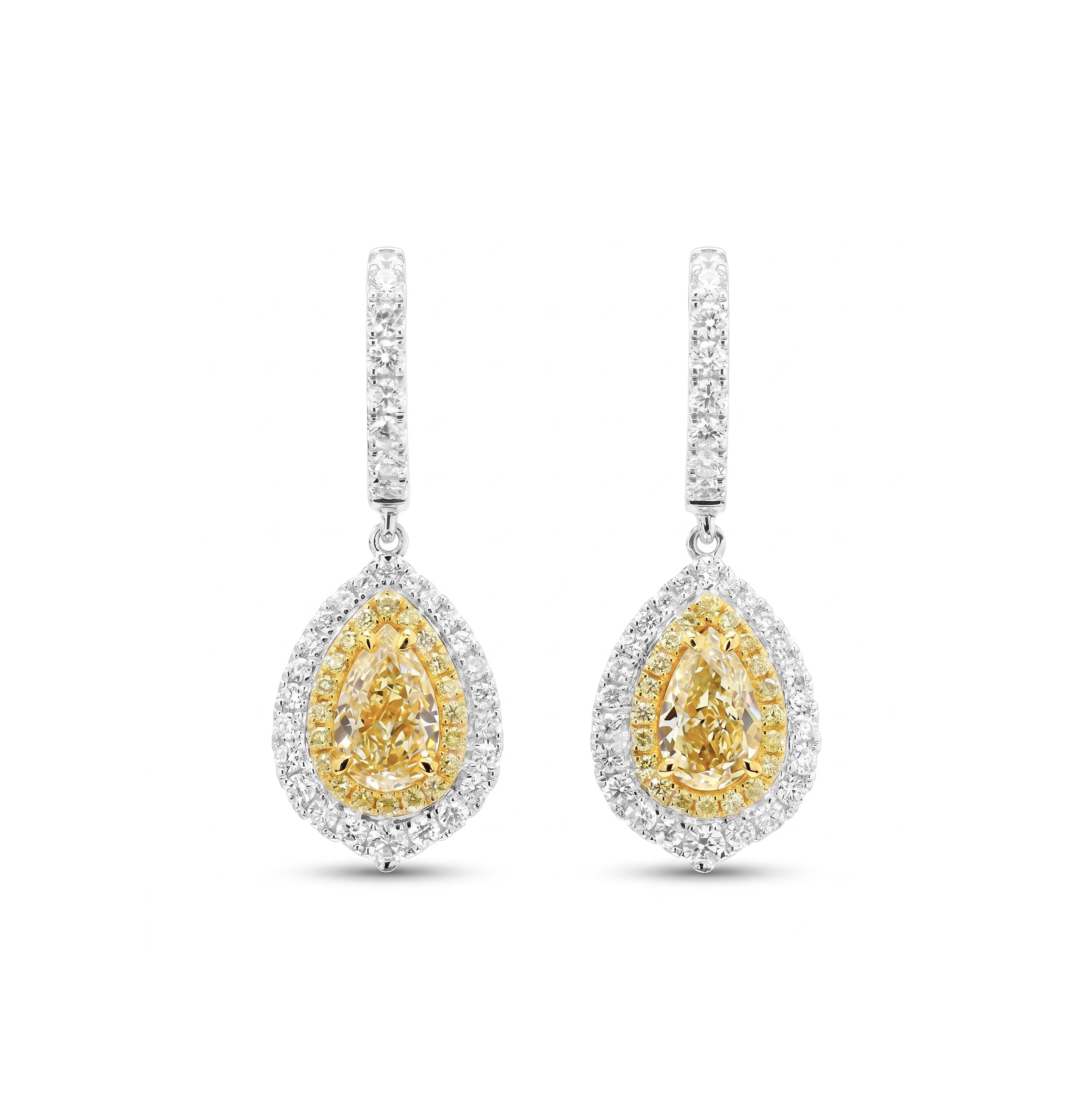 Natural Yellow Pear Diamond Halo Drop Earrings | GIA Certified