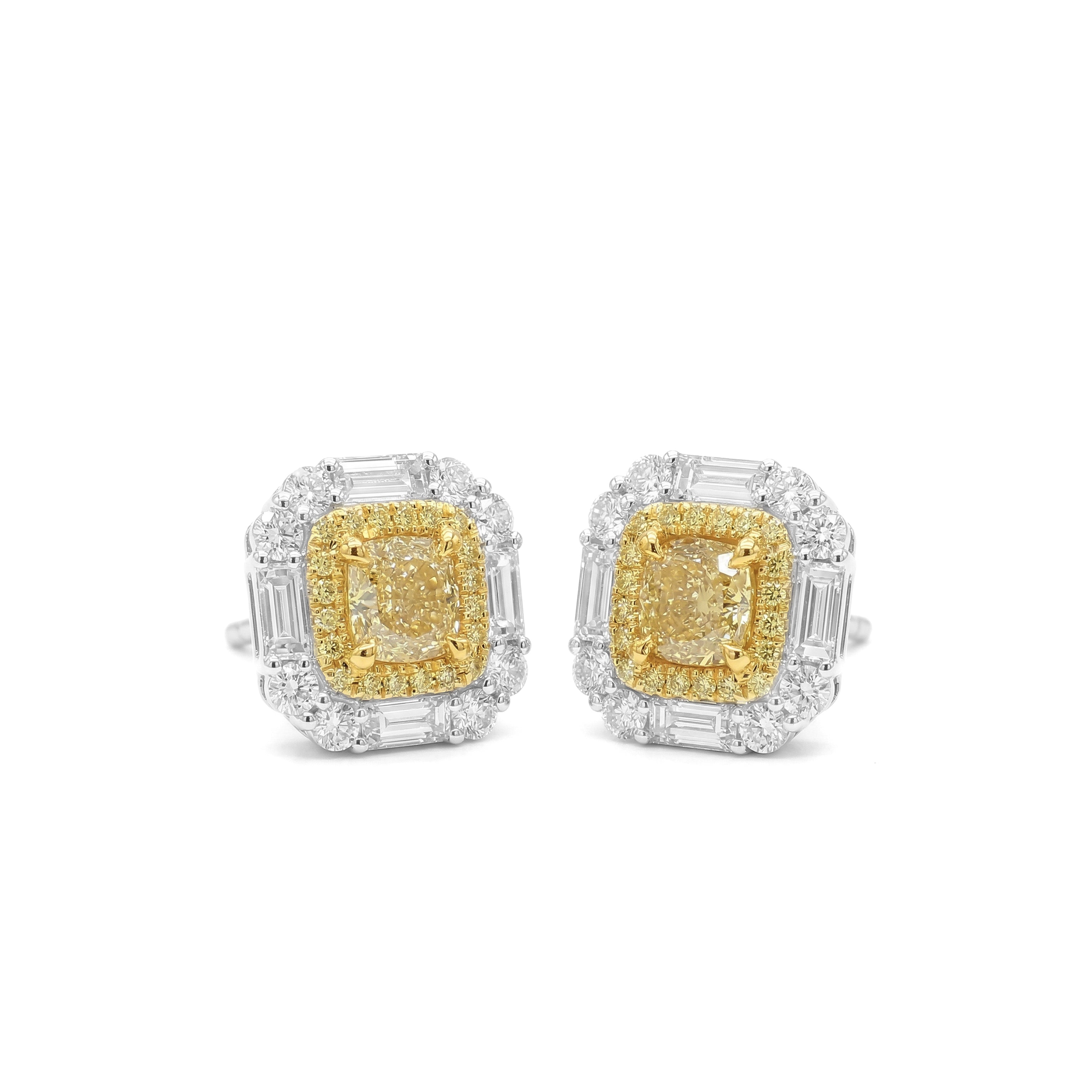 Natural Yellow Cushion Diamond Halo Earrings | GIA Certified