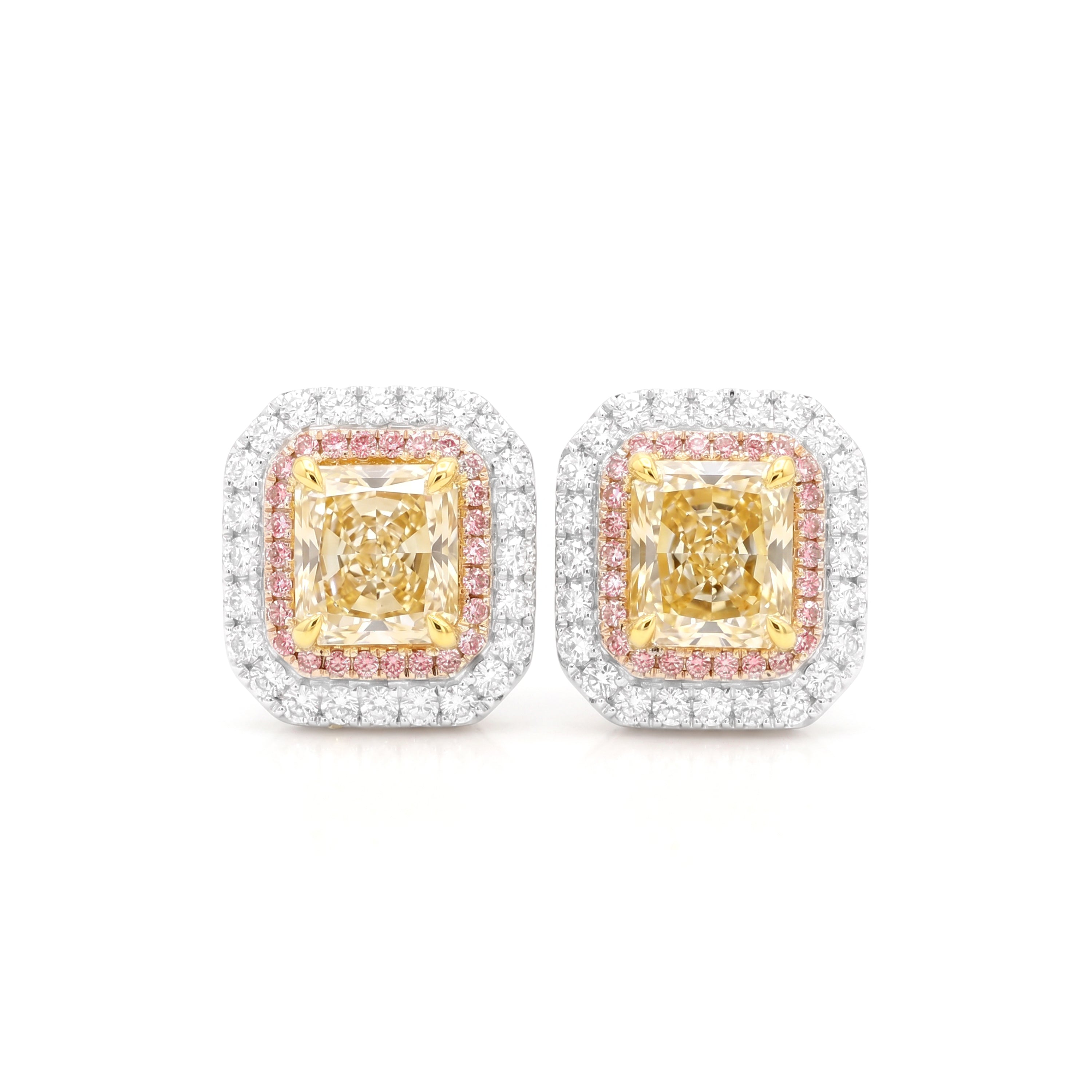 Natural Yellow Radiant Diamond Halo Earrings | GIA Certified