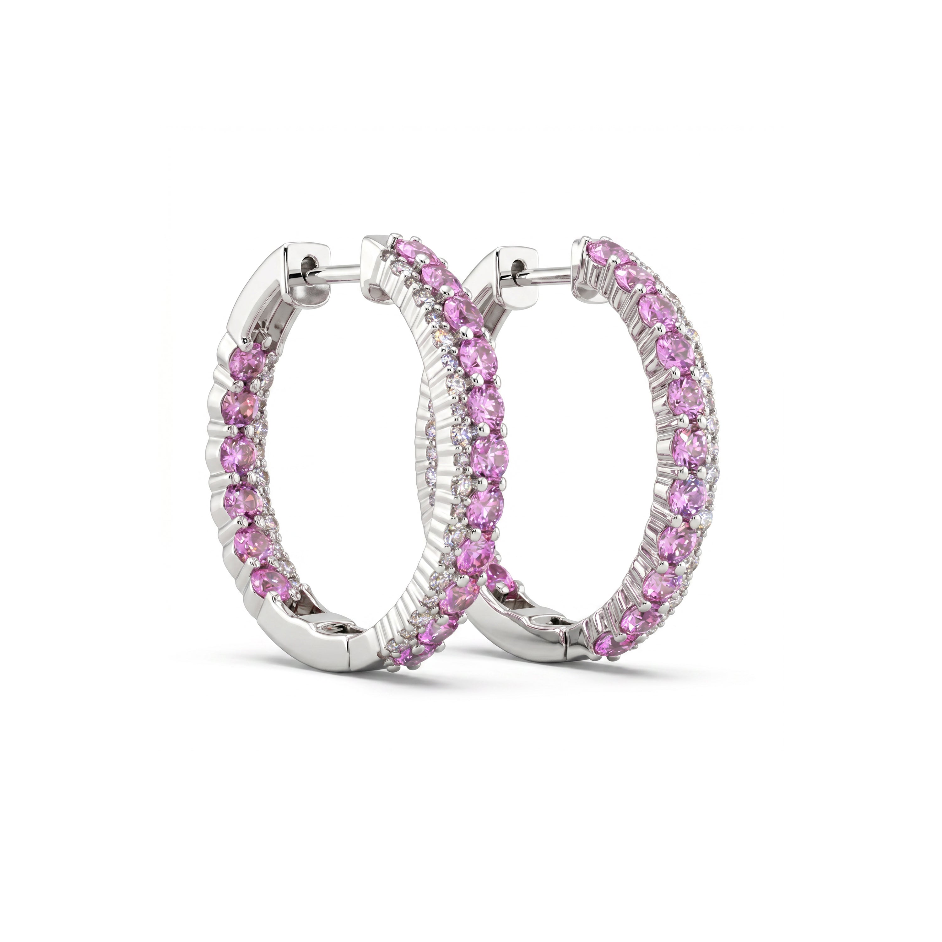 Natural Pink Sapphire & Diamond Hoop Earrings