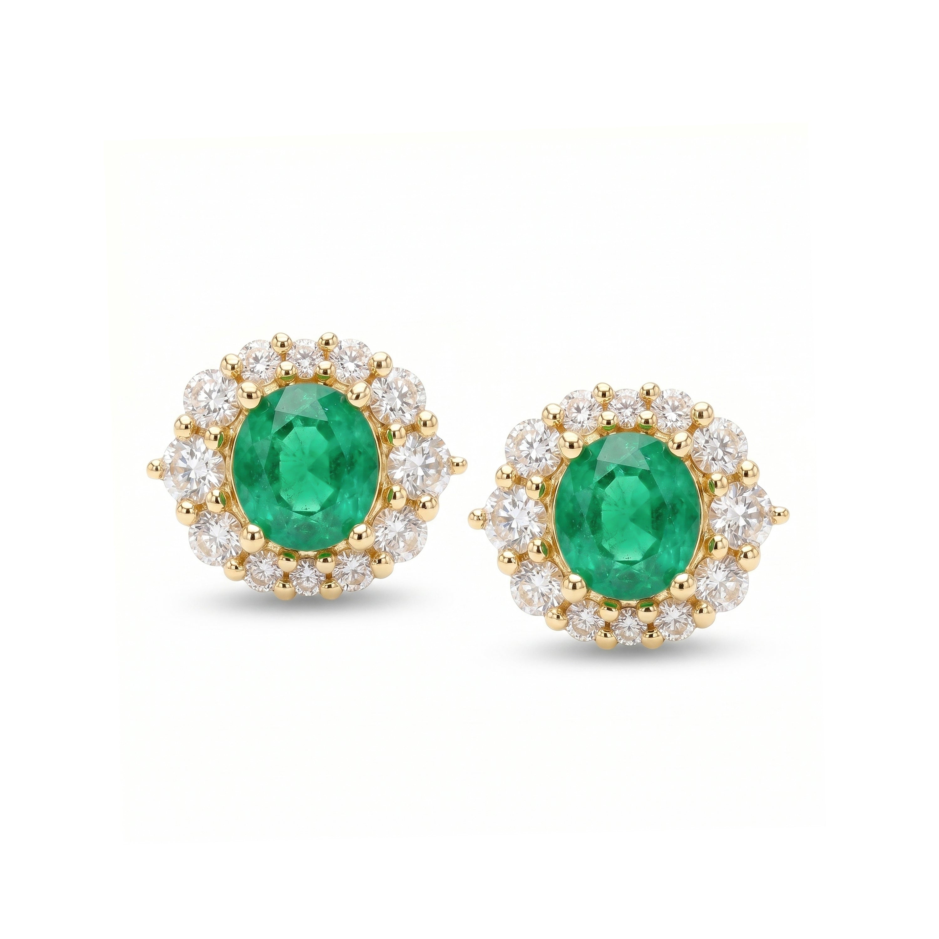 Natural Green Round Emerald & Diamond Halo Earrings