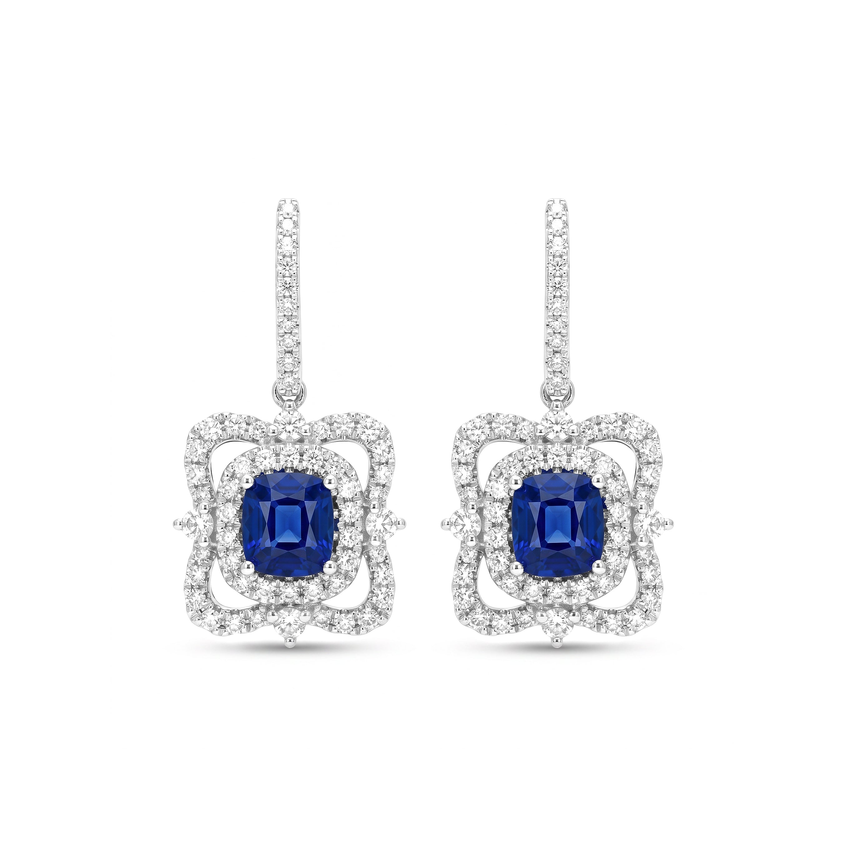 Natural Cushion Sapphire & Diamond Drop Earrings
