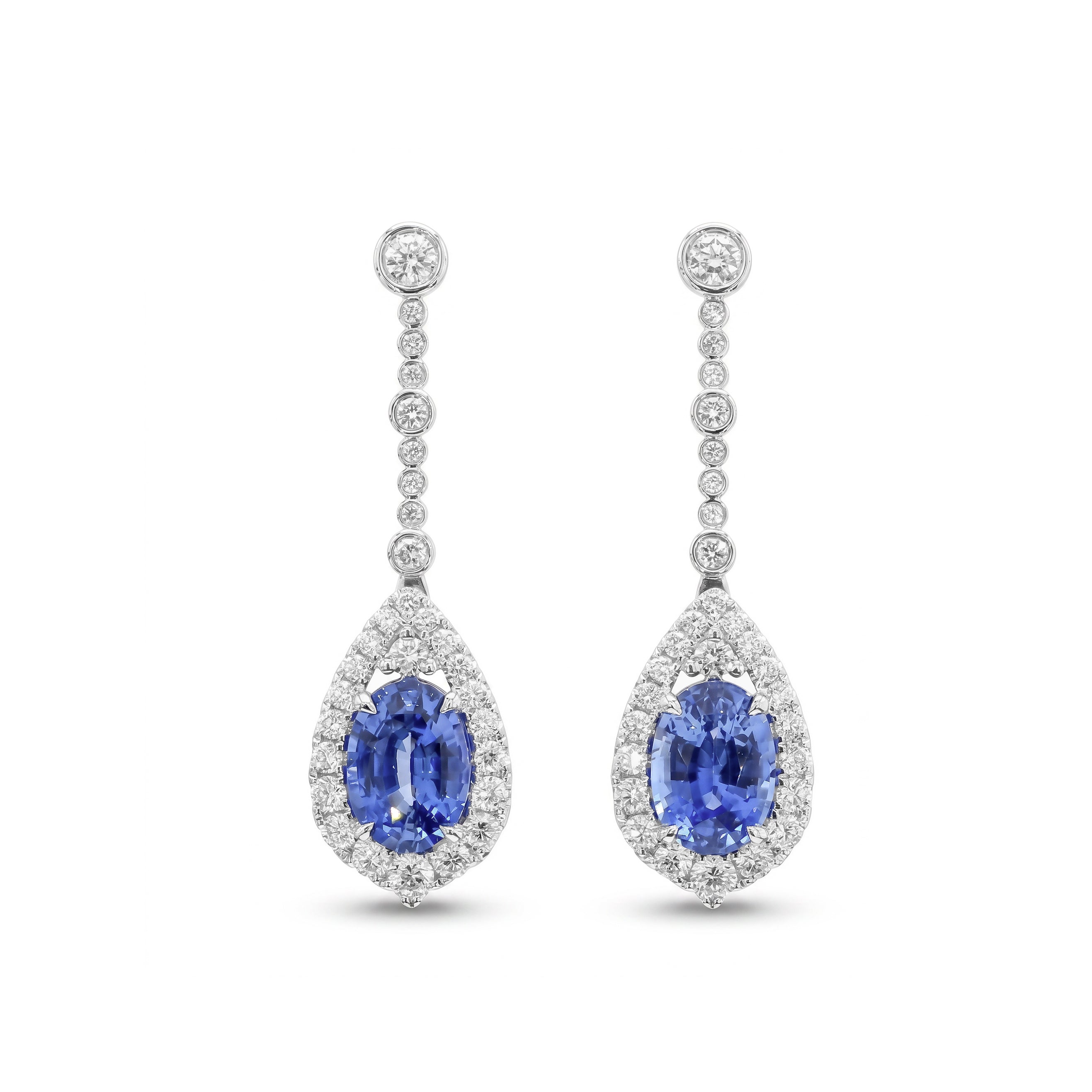 Natural Oval Sapphire & Diamond Halo Drop Earrings