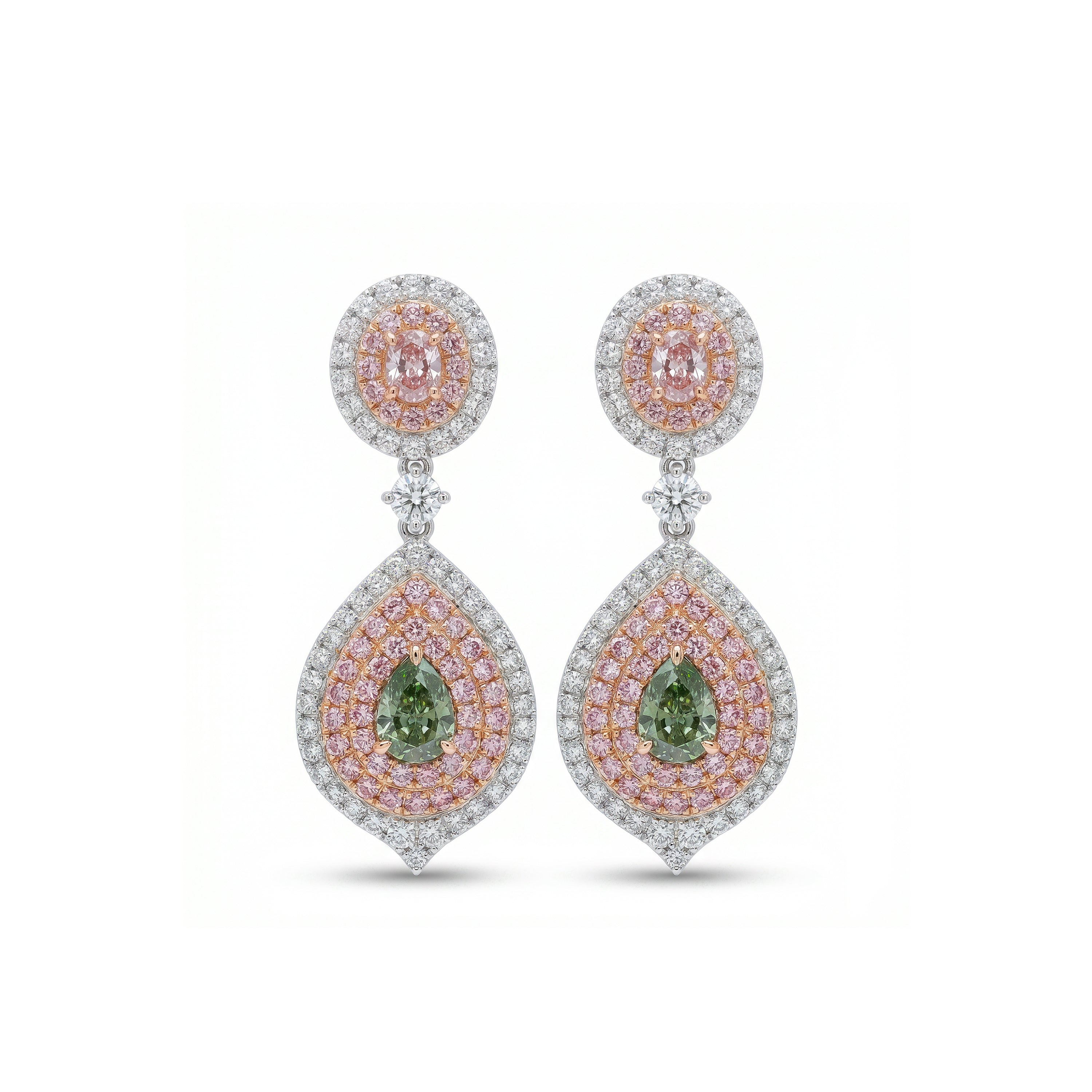 Natural Green & Pink Diamond Halo Drop Earrings | GIA Certified