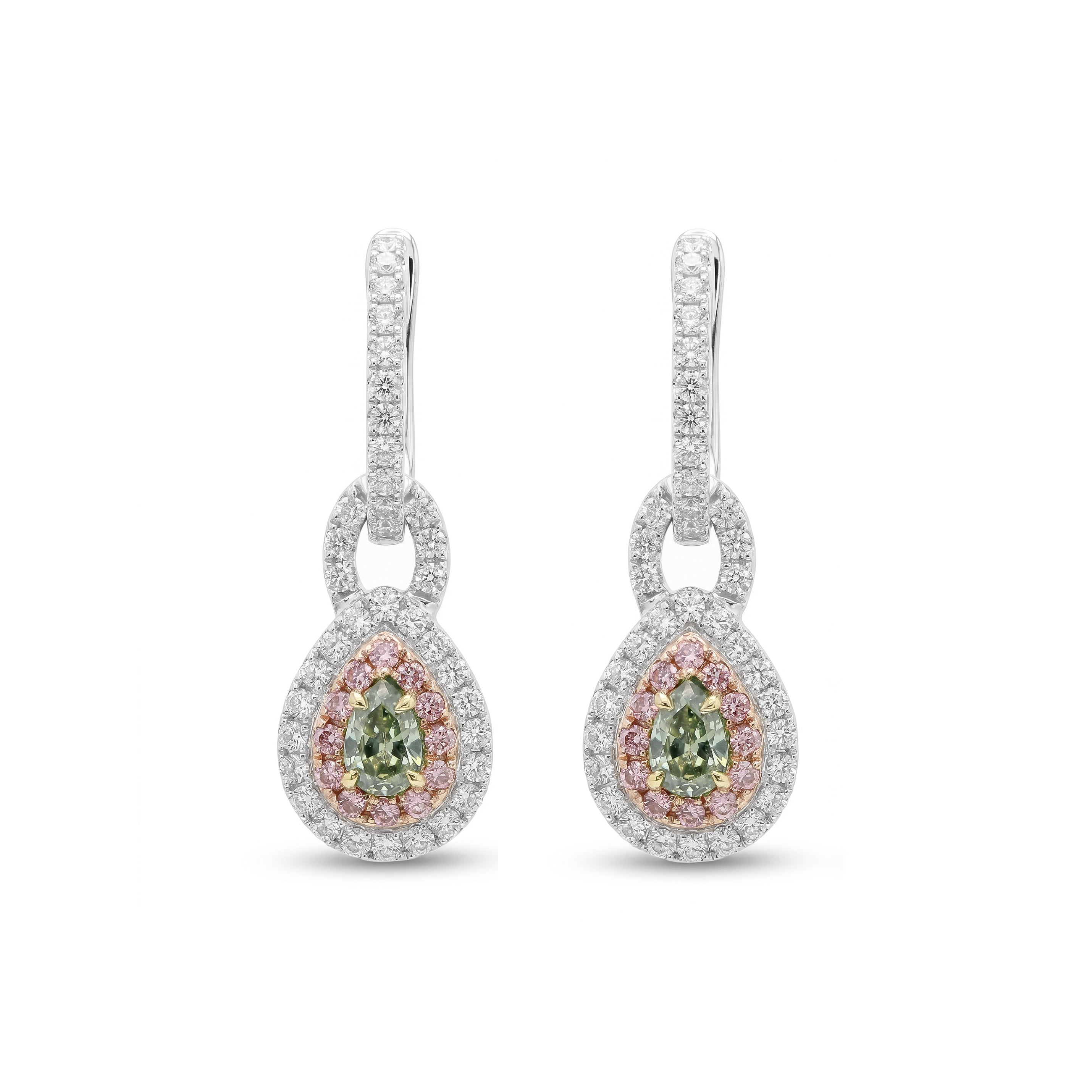 Natural Green & Pink Diamond Halo Drop Earrings | GIA Certified