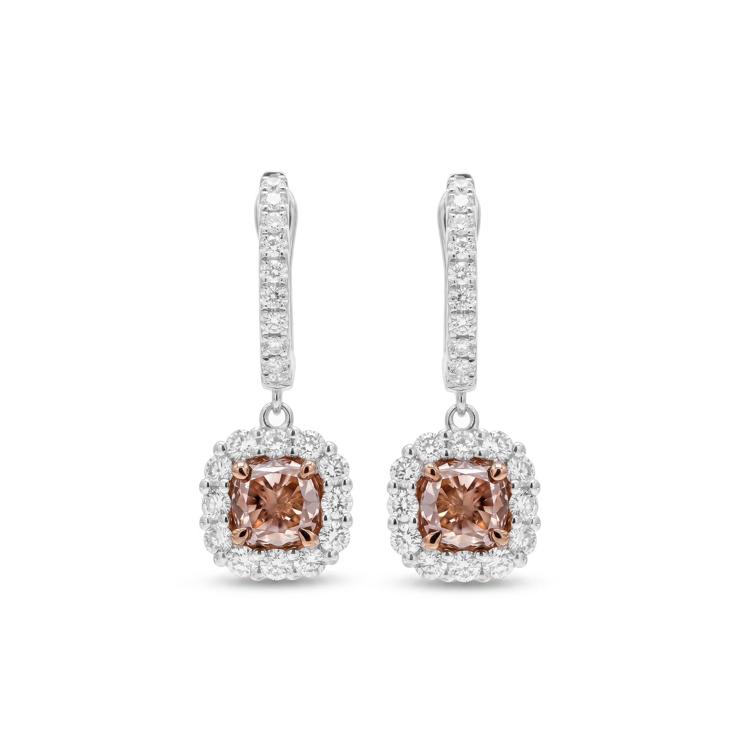 Natural Pink Cushion Diamond Halo Drop Earrings | GIA Certified