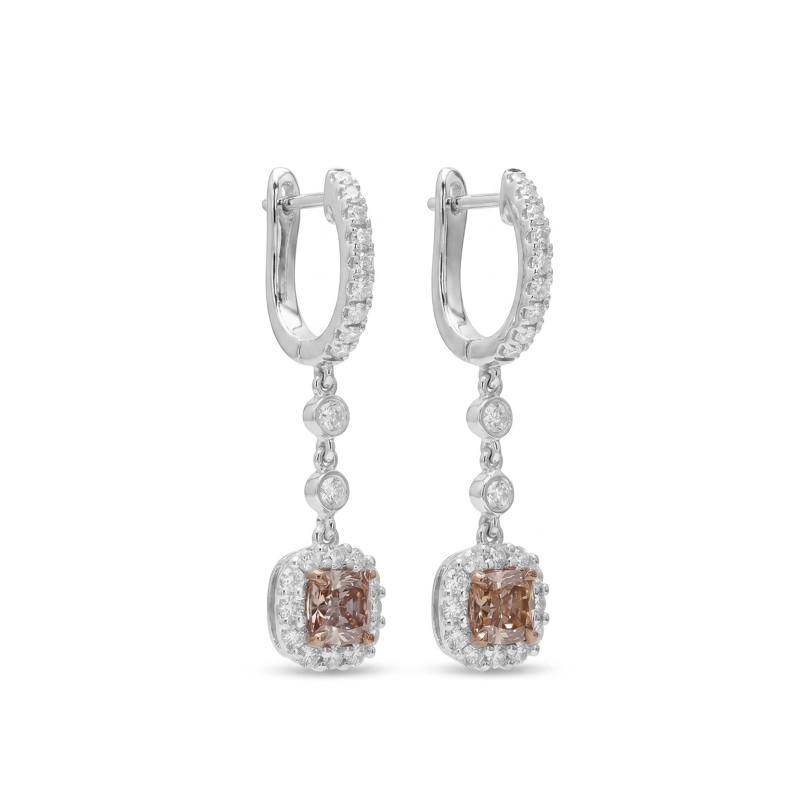 Natural Pink Cushion Diamond Halo Drop Earrings | GIA Certified