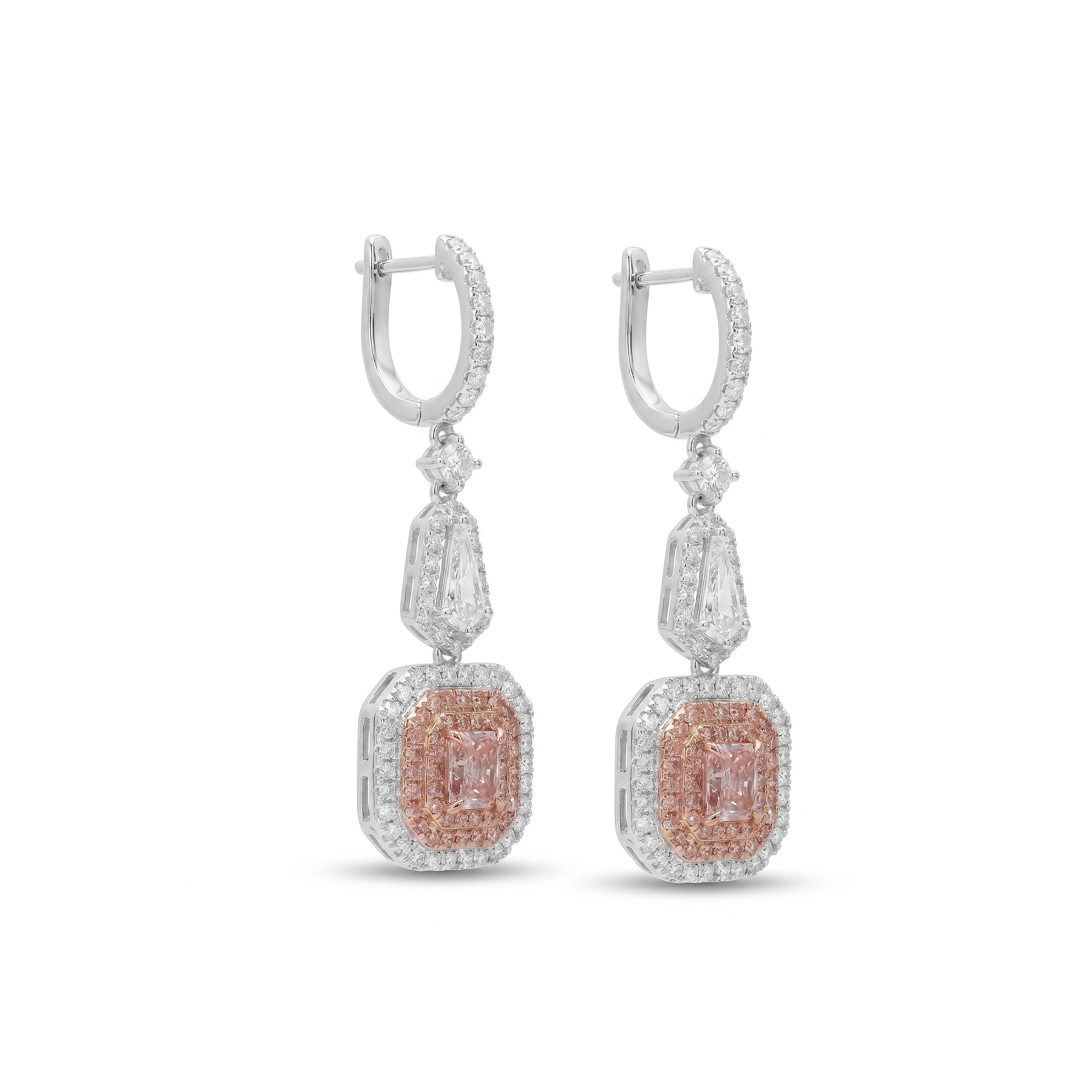 Natural Pink Radiant & White Kite Diamond Drop Earrings | GIA Certified