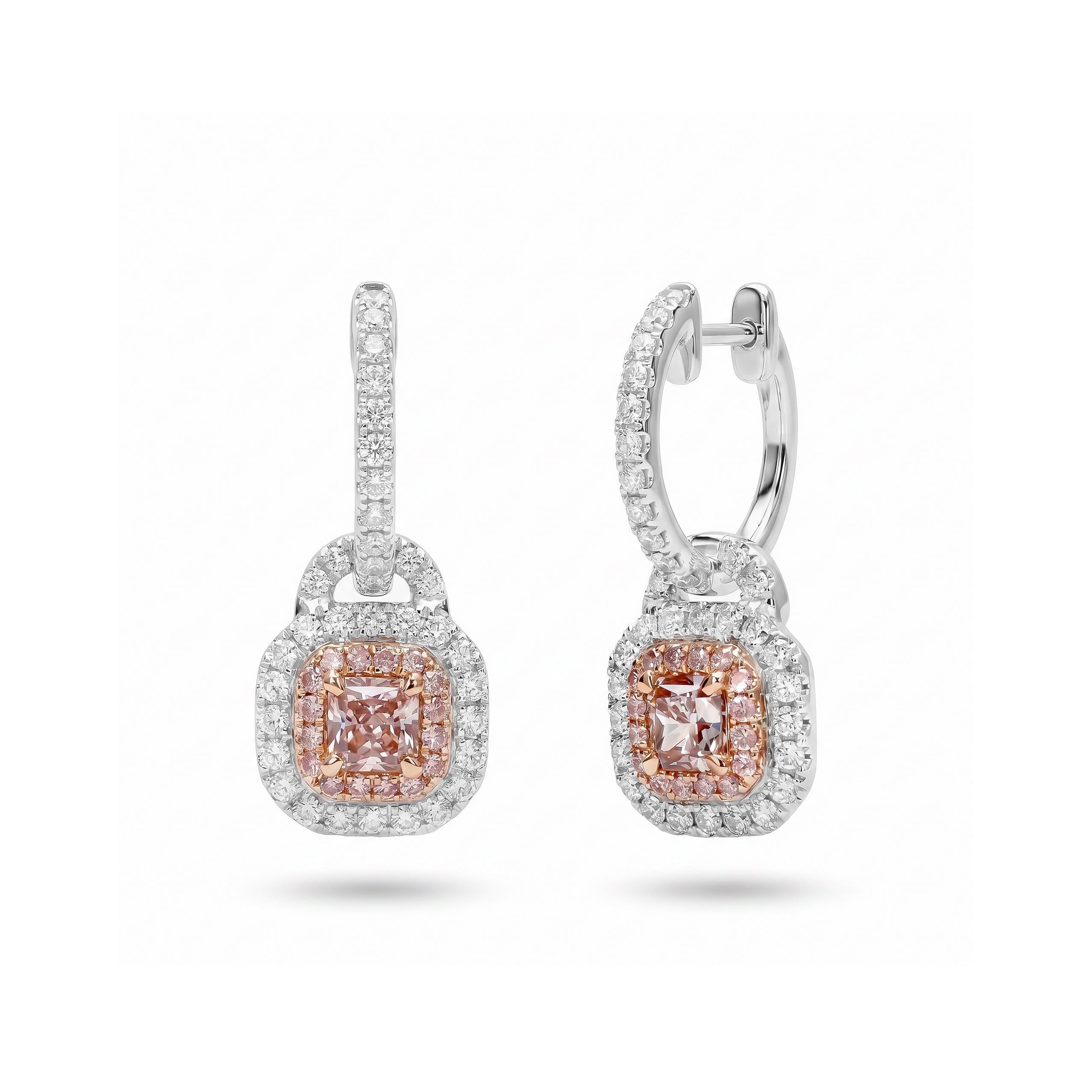 Natural Pink Cushion Diamond Halo Drop Earring | GIA Certified