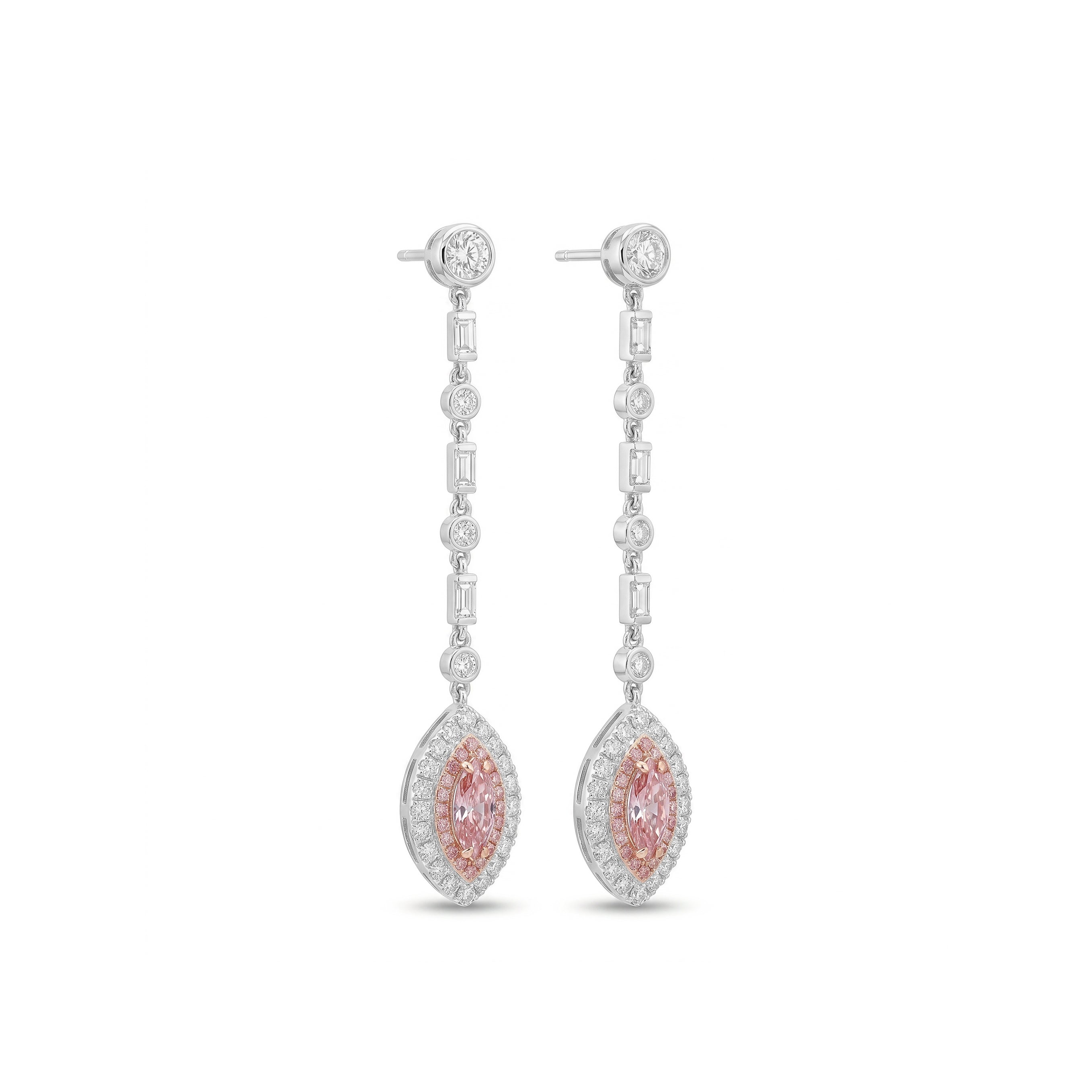 Natural Pink Marquise Diamond Halo Drop Earrings | GIA Certified