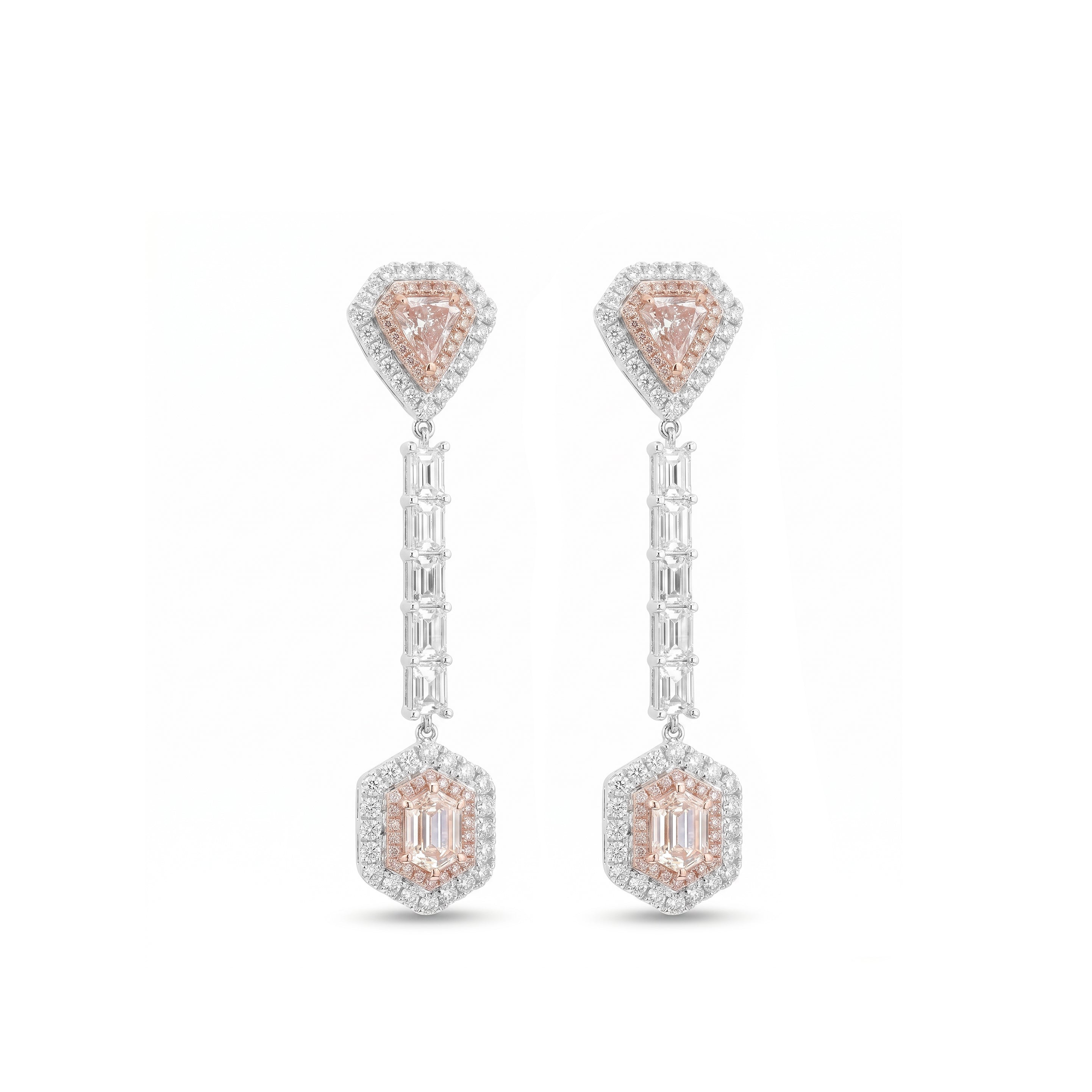 Natural Pink Hexagon & Trillion Diamond Halo Drop Earrings | GIA Certified