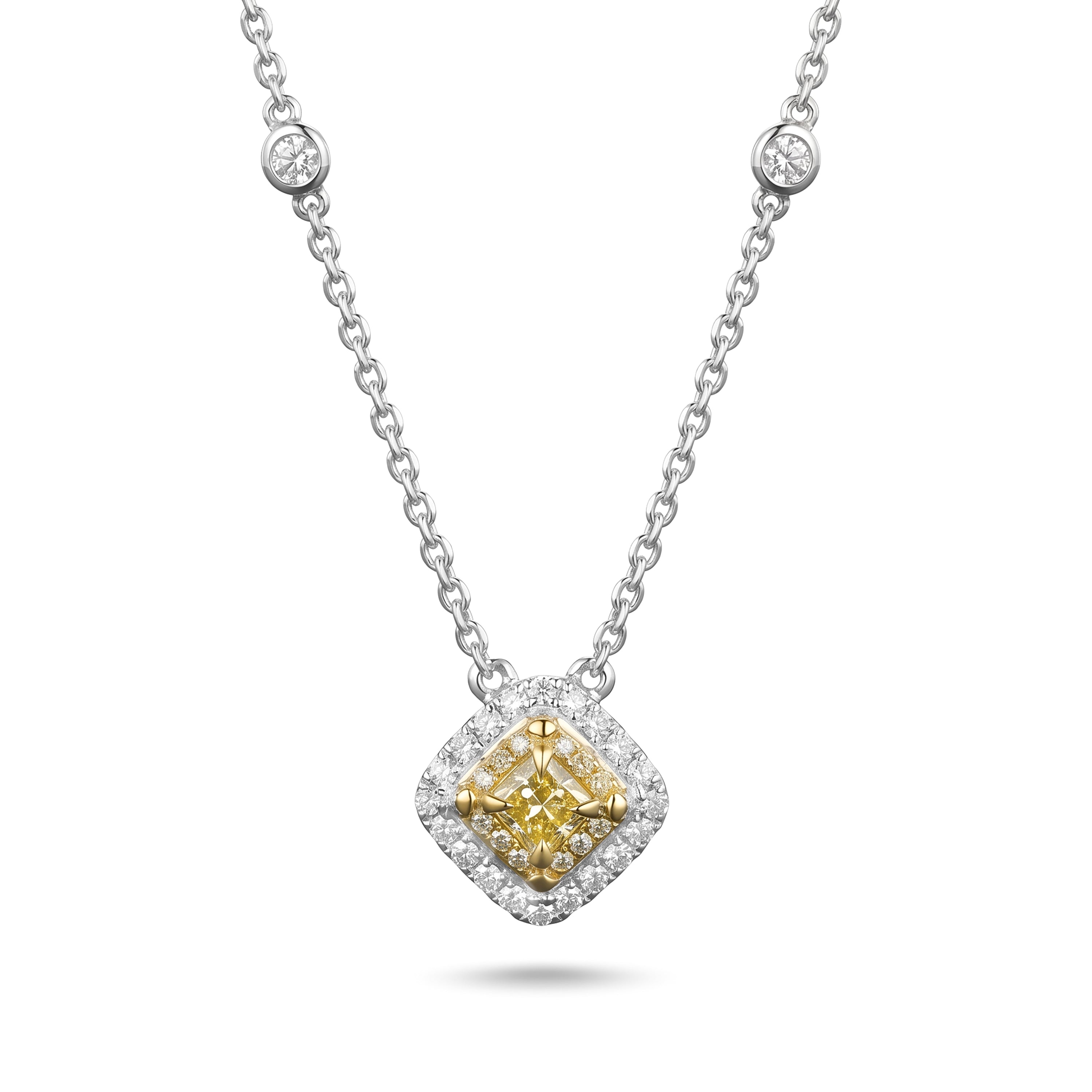 Natural Yellow Radiant Diamond Halo Necklace | GIA Certified