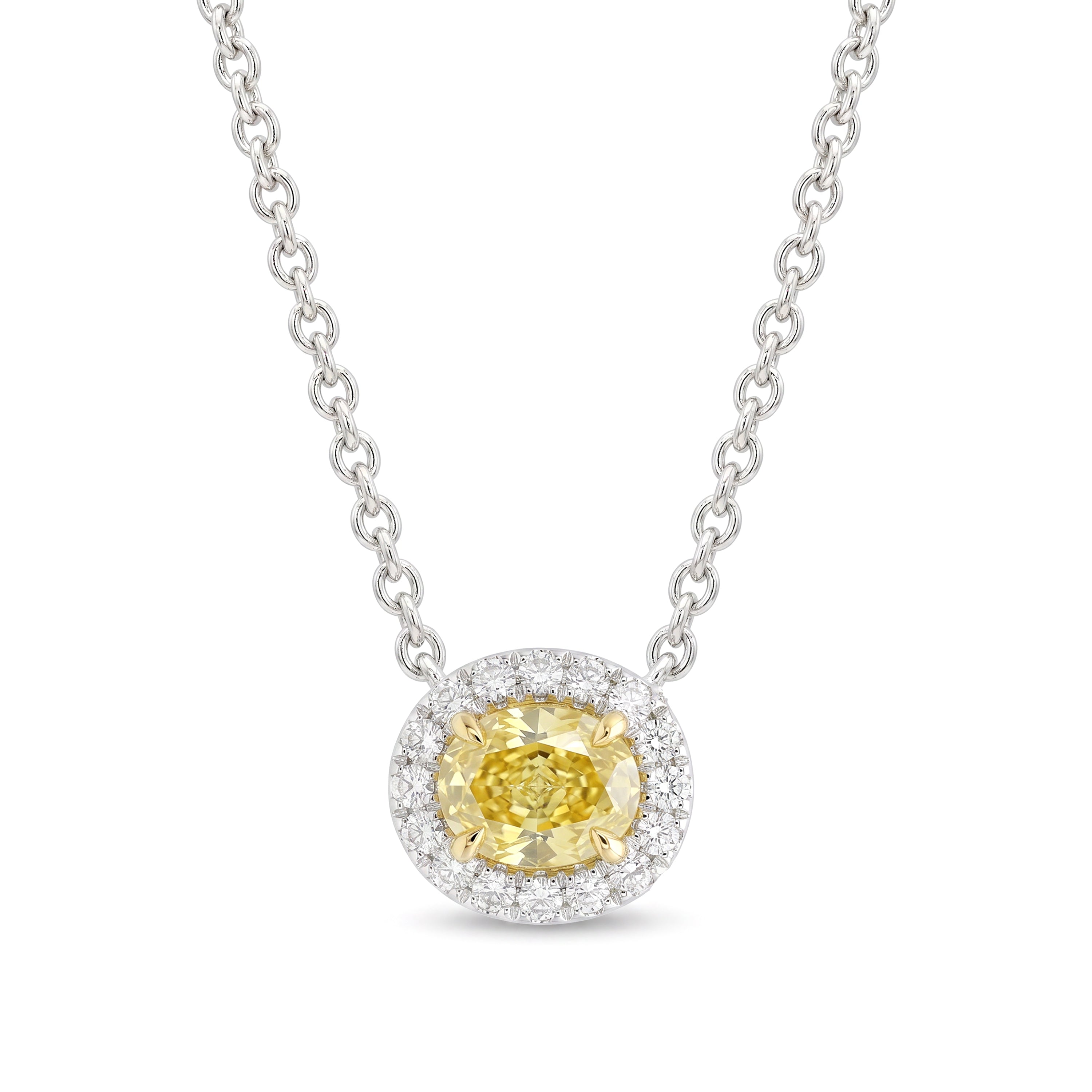 Natural Yellow Oval Diamond Halo Necklace | GIA Certified