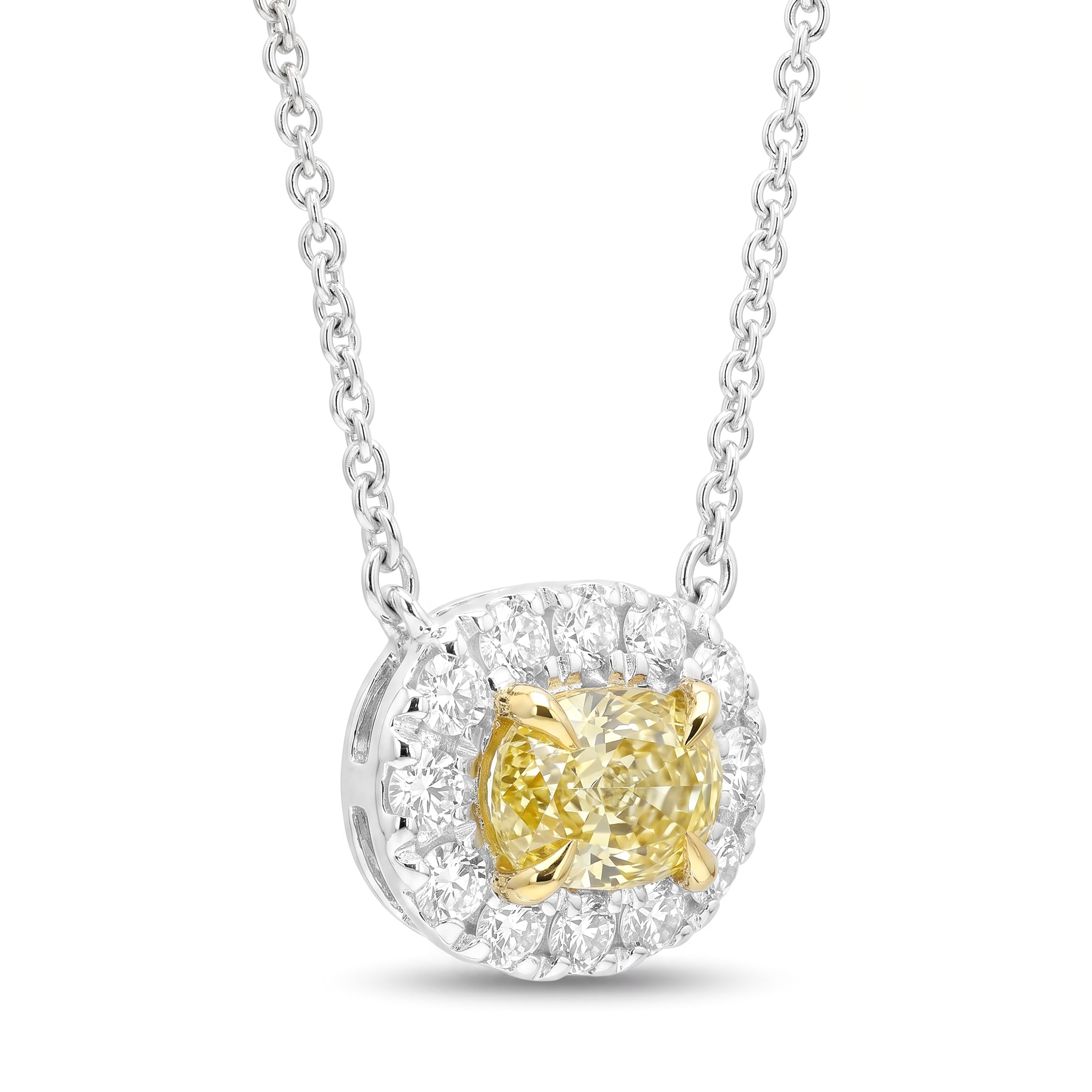 Natural Yellow Oval Diamond Halo Necklace | GIA Certified