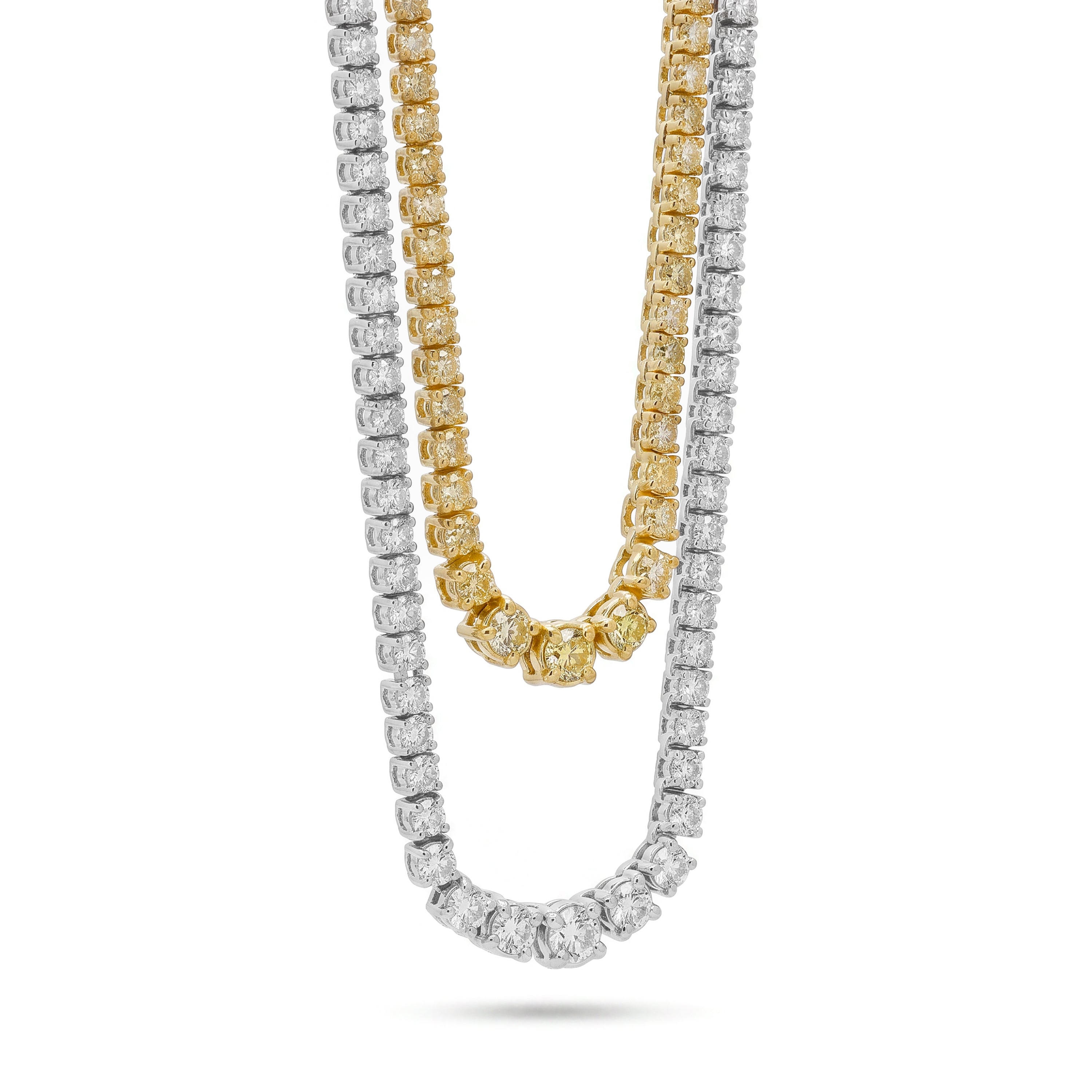 Natural Yellow & White Round Diamond Double Tennis Necklace