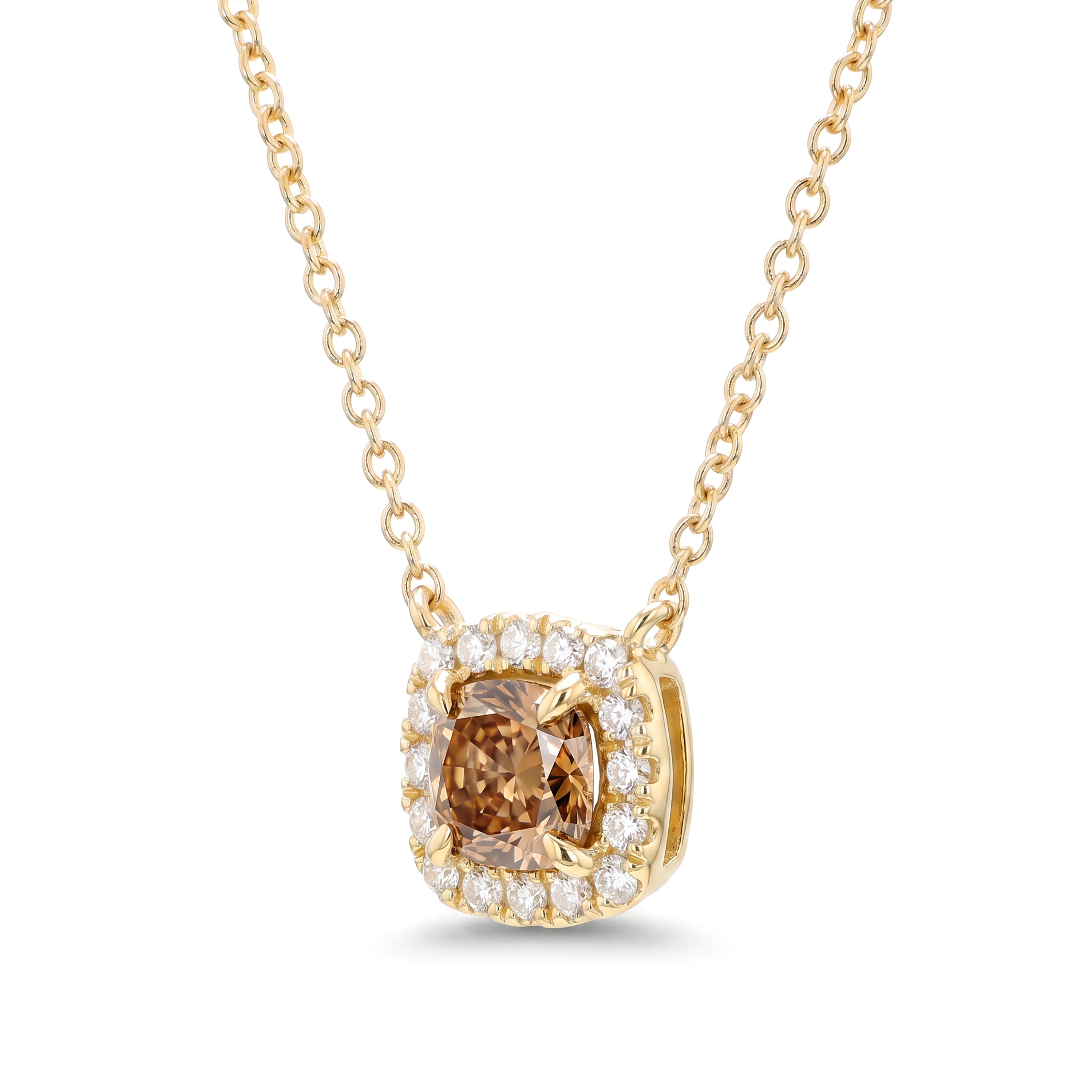 Natural Orange Cushion Diamond Halo Necklace | GIA Certified