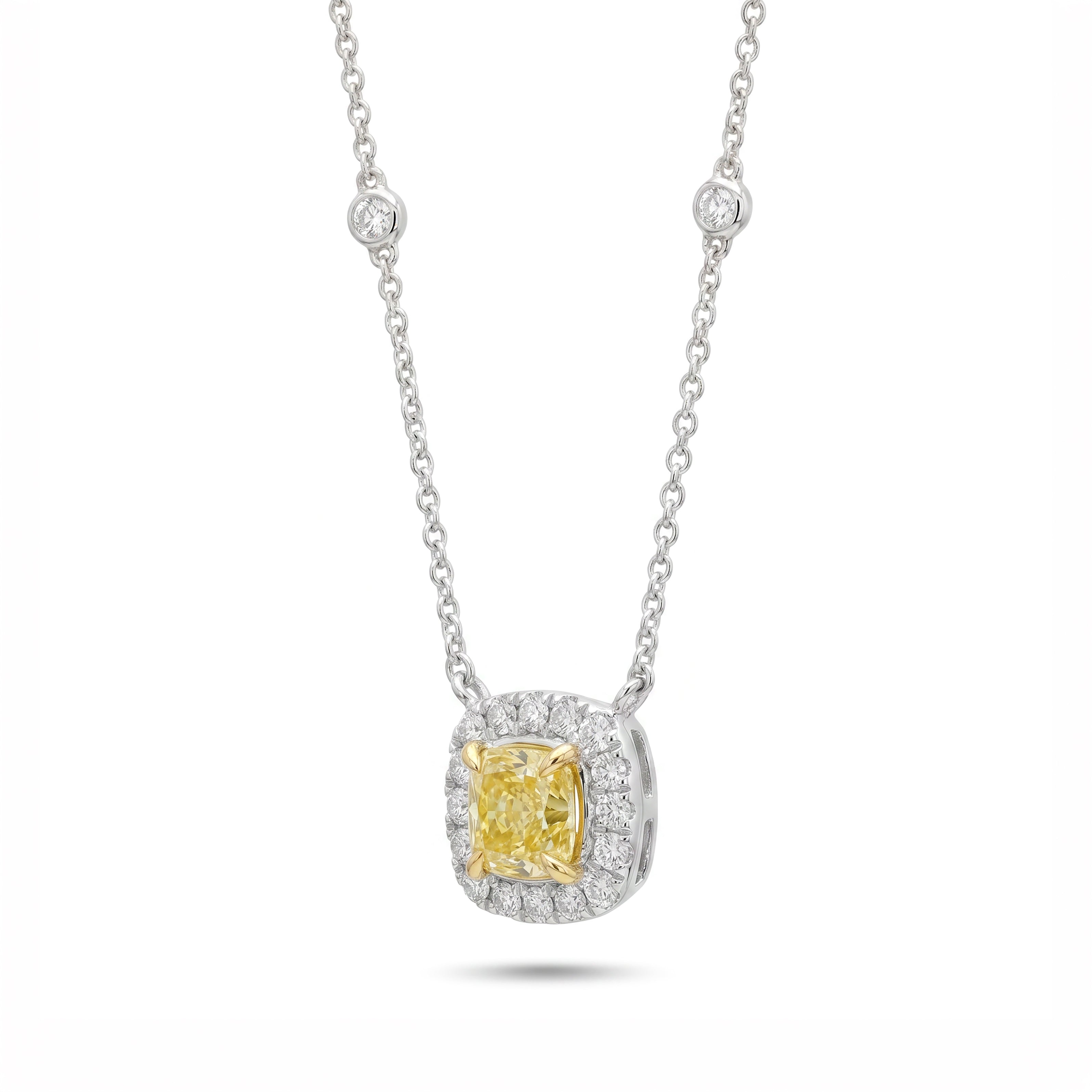 Natural Yellow Cushion Diamond Halo Necklace | GIA Certified