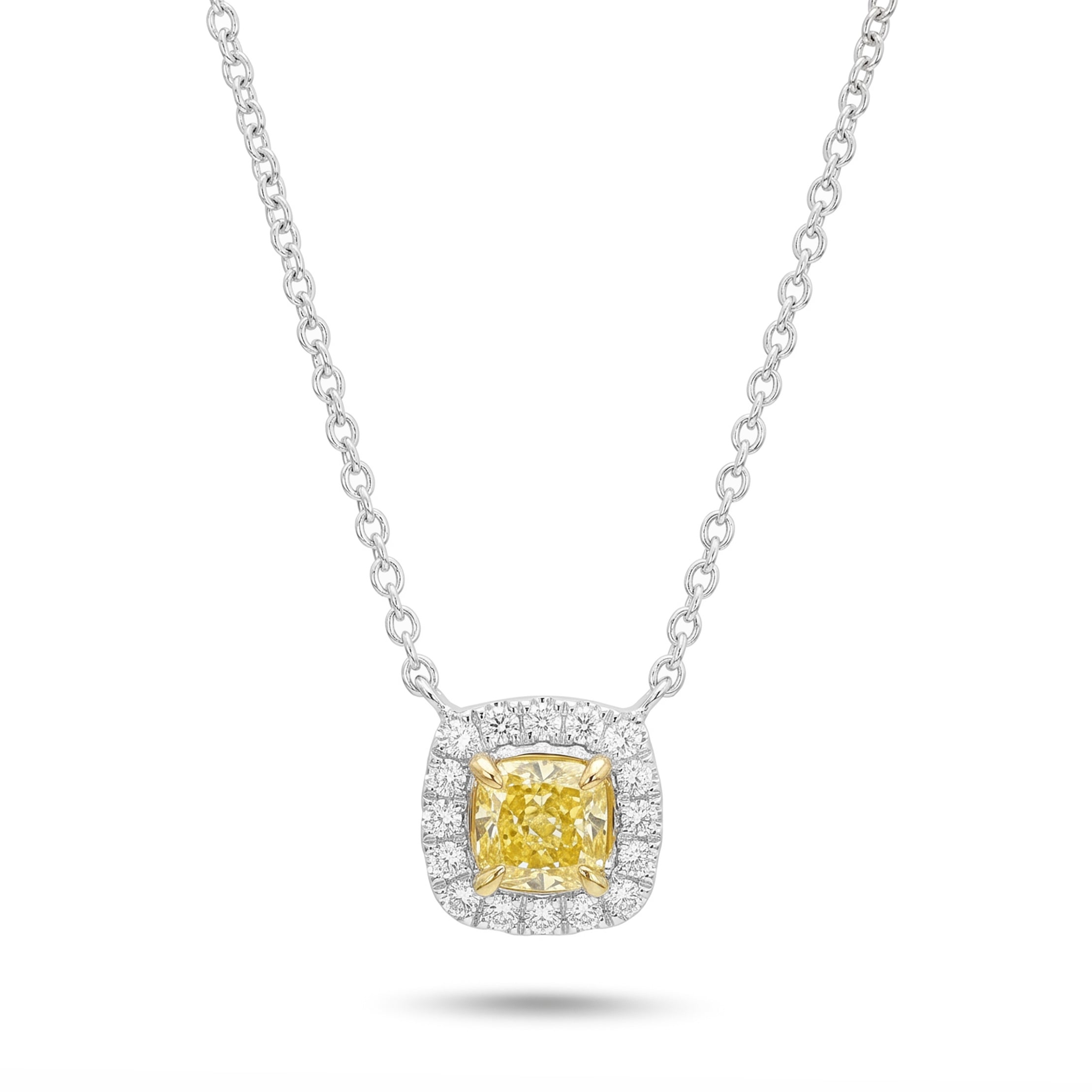 Natural Yellow Cushion Diamond Halo Necklace | GIA Certified