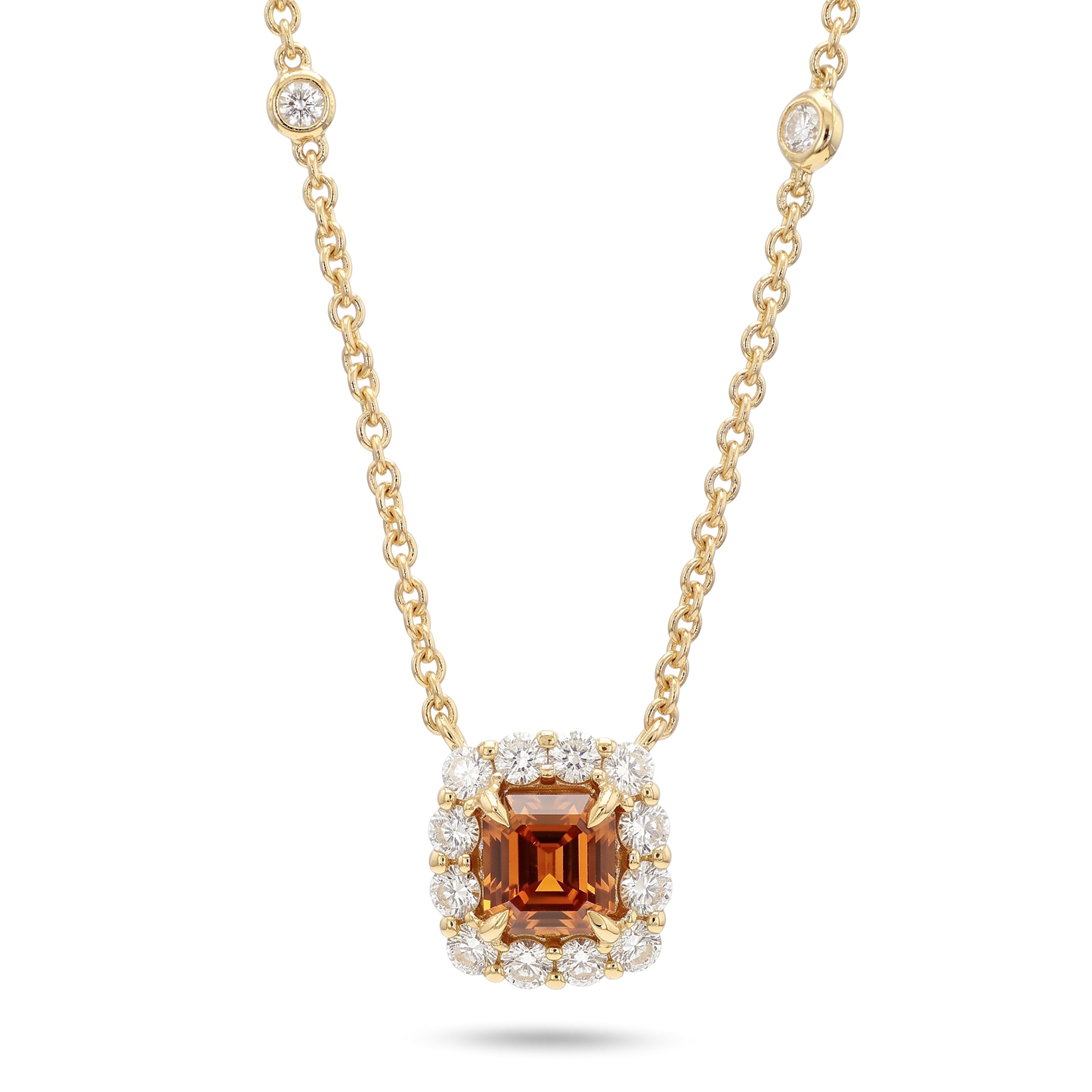 Natural Orange Asscher Diamond Halo Necklace | GIA Certified