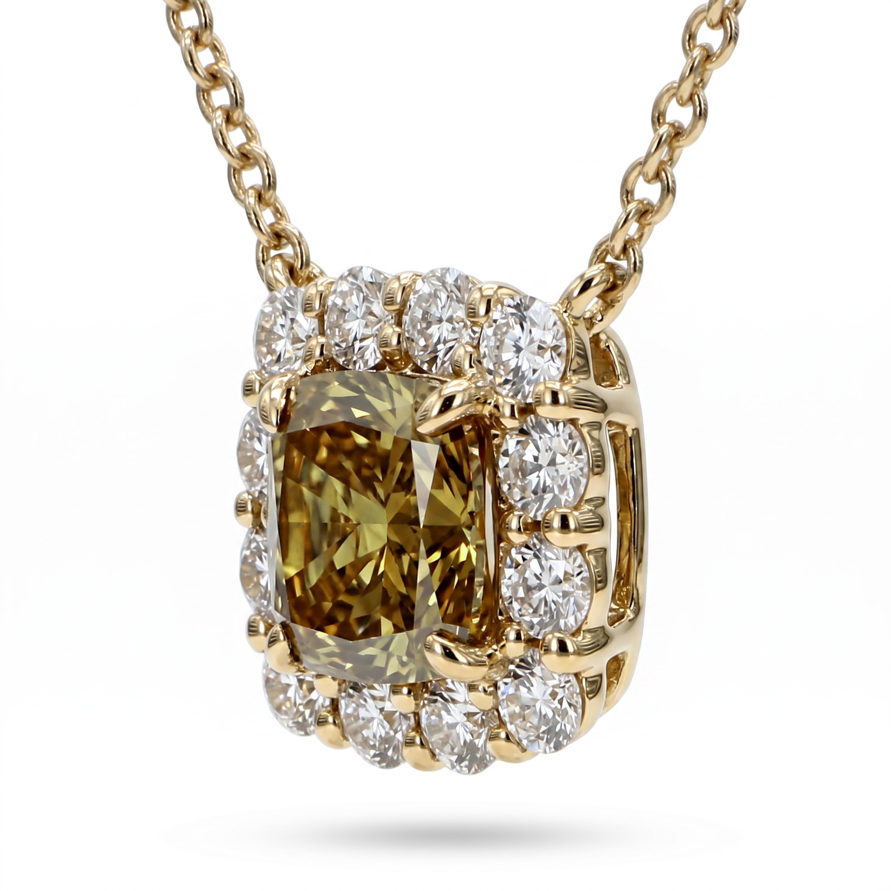 Natural Green Cushion Diamond Halo Necklace | GIA Certified