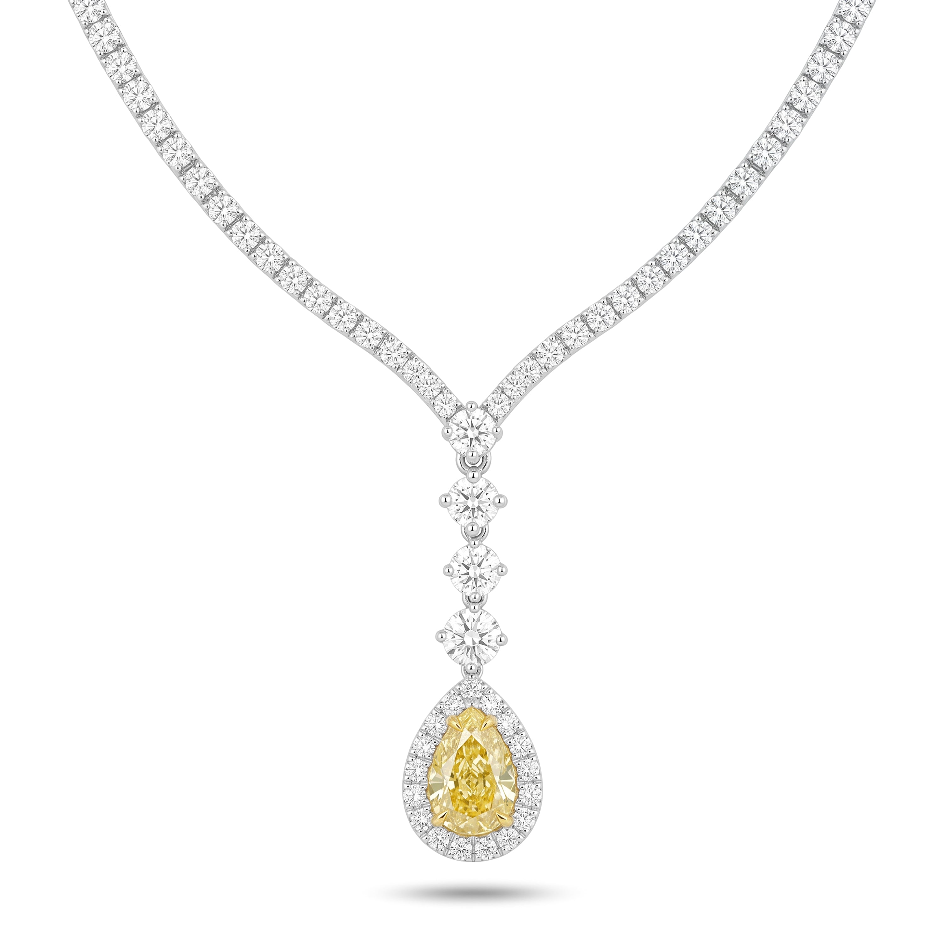 Natural Yellow Pear Diamond Halo Drop Necklace | GIA Certified