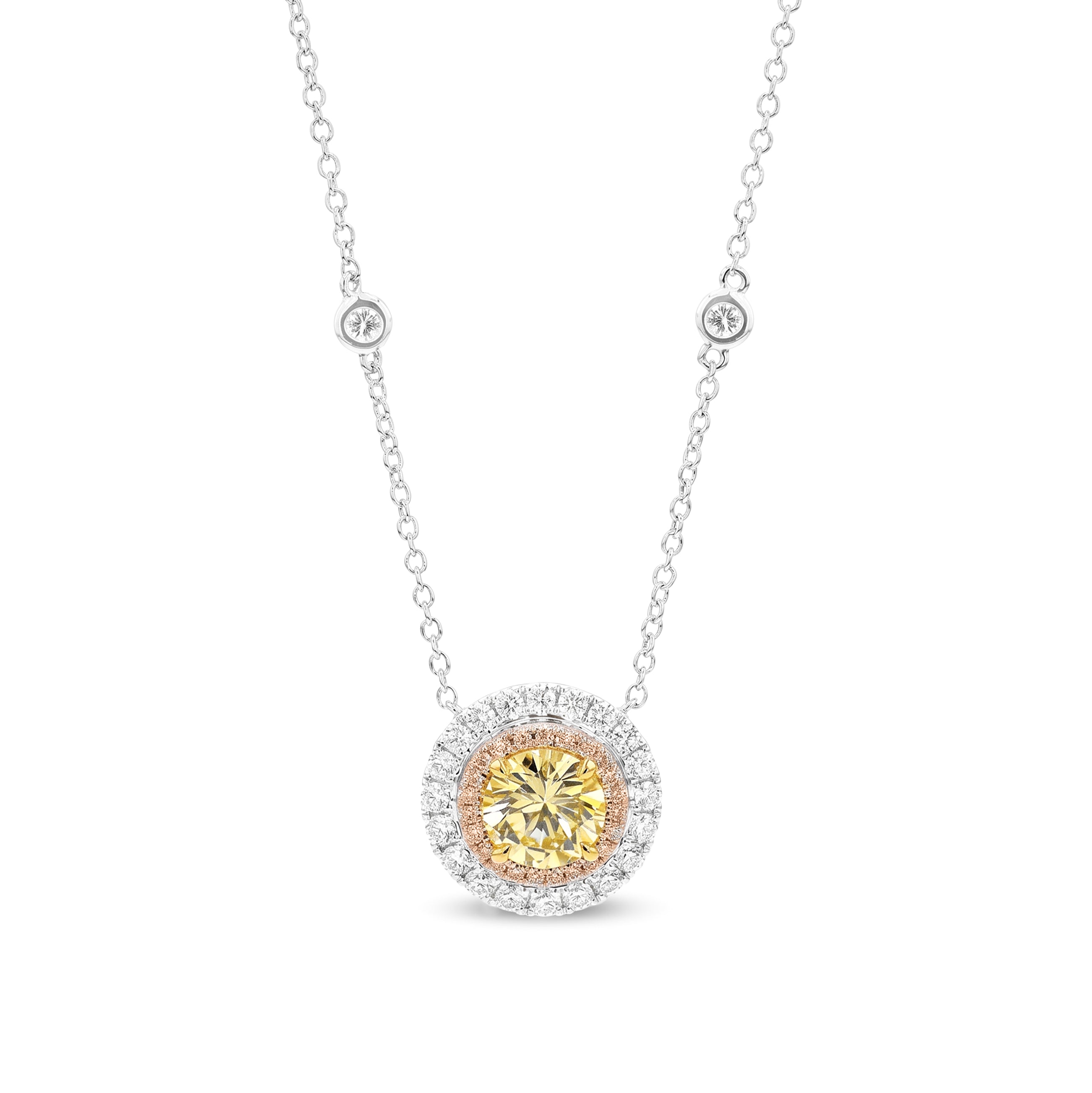 Natural Yellow Round Diamond Halo Necklace | GIA Certified