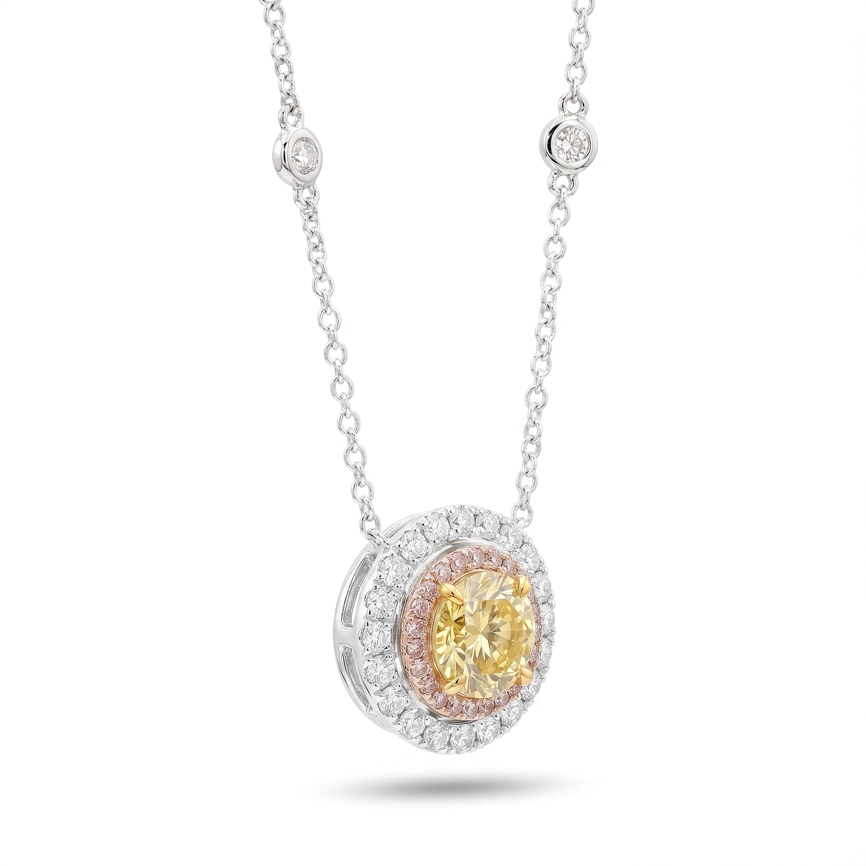 Natural Yellow Round Diamond Halo Necklace | GIA Certified