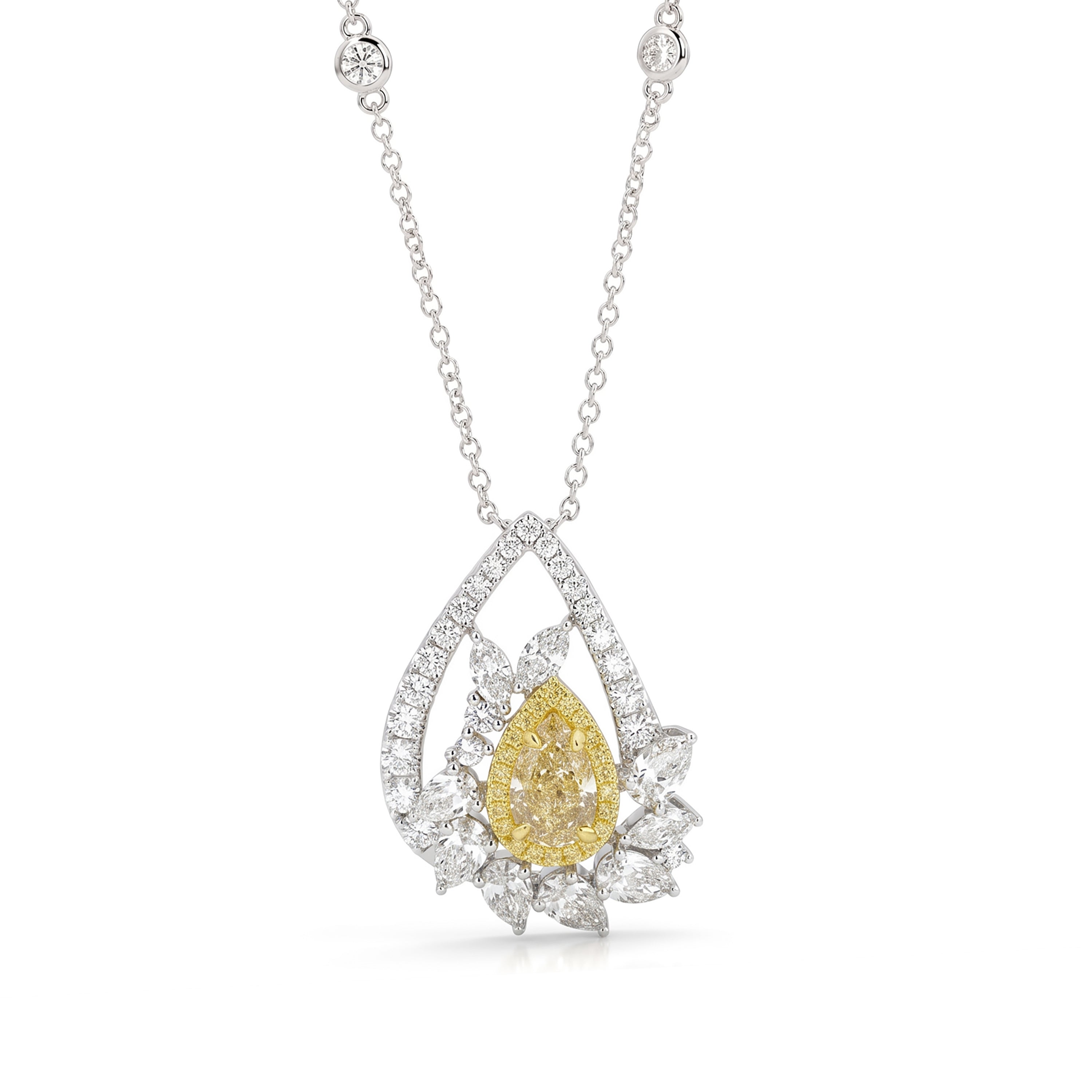 Natural Yellow Pear Diamond Halo Necklace | GIA Certified