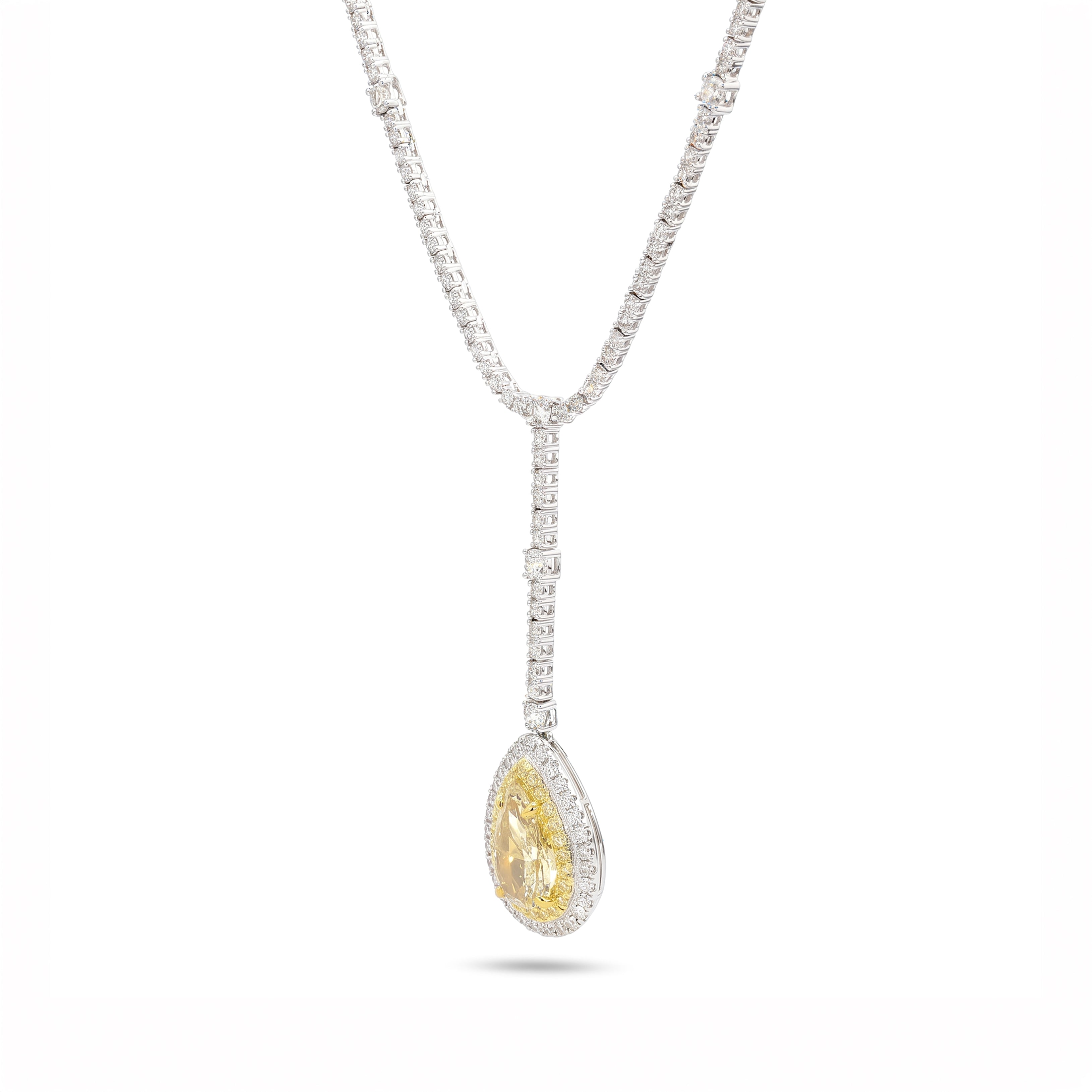 Natural Yellow Pear Diamond Halo Drop Necklace | GIA Certified