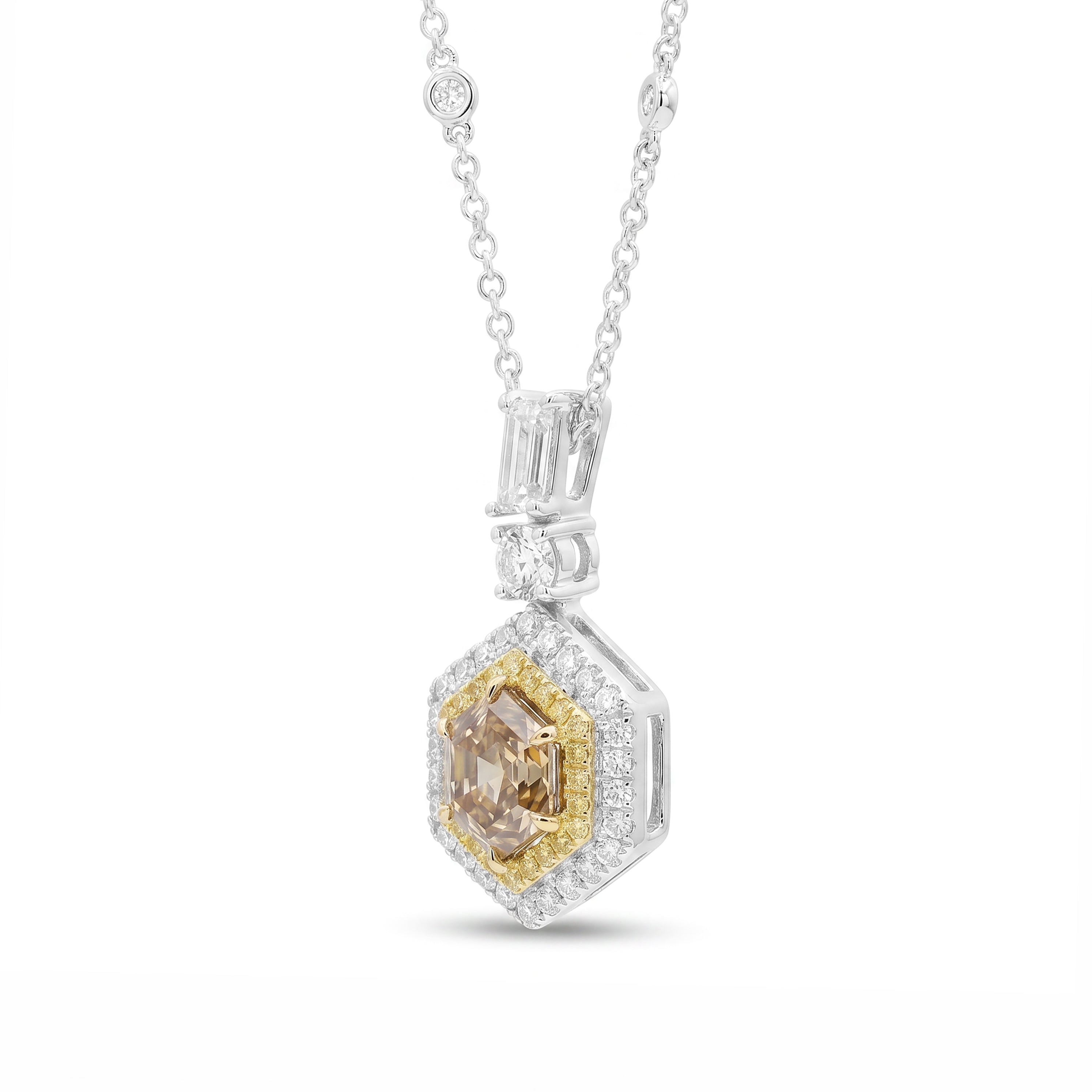 Natural Yellow Hexagon Diamond Halo Necklace | GIA Certified