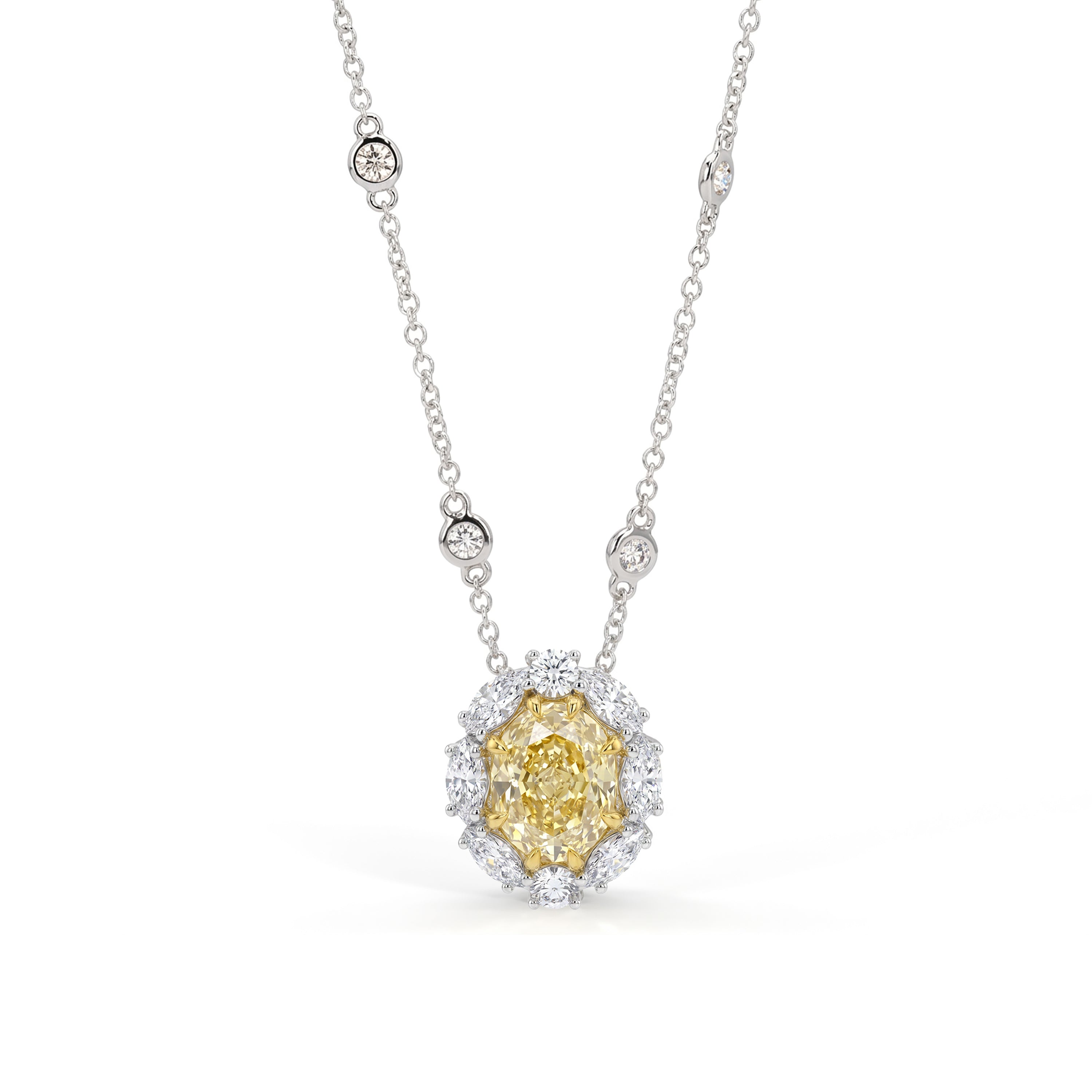 Natural Yellow Oval Diamond Halo Necklace | GIA Certified