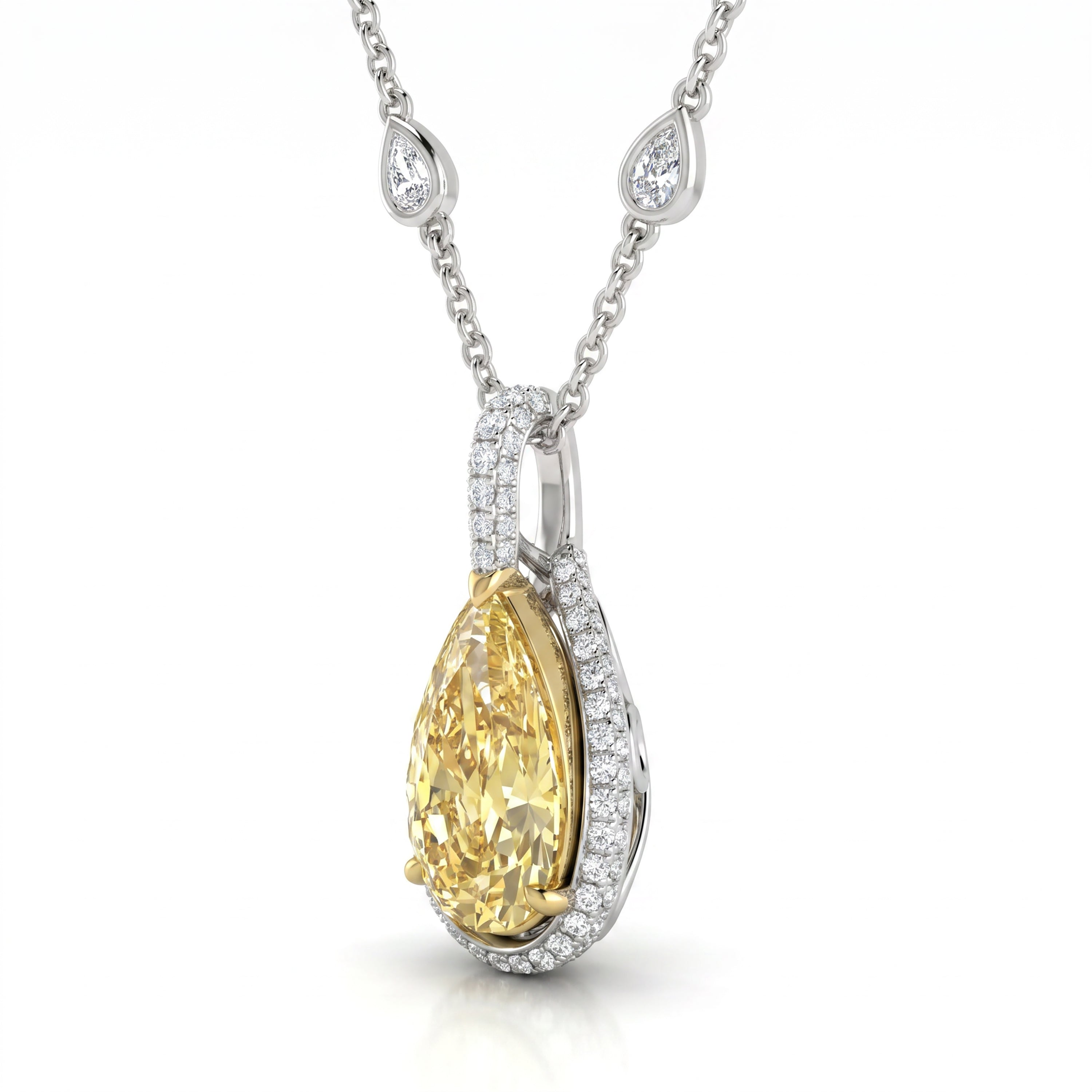 Natural Yellow Pear Diamond Halo Necklace | GIA Certified