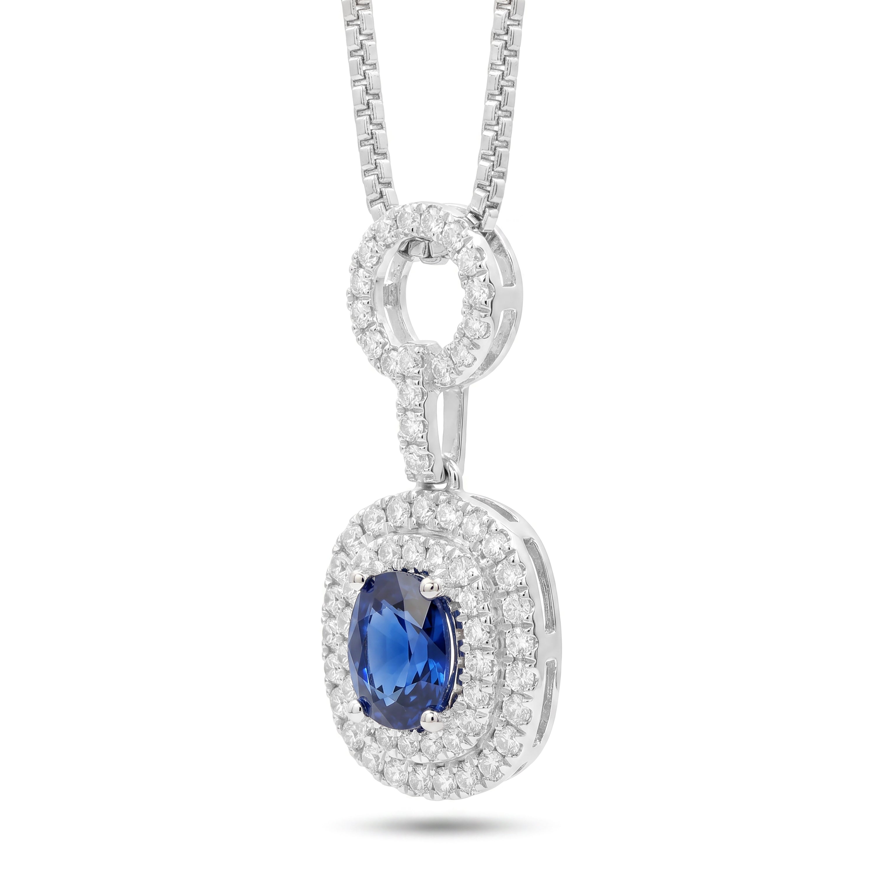 Natural Sapphire & White Diamond Halo Drop Pendant