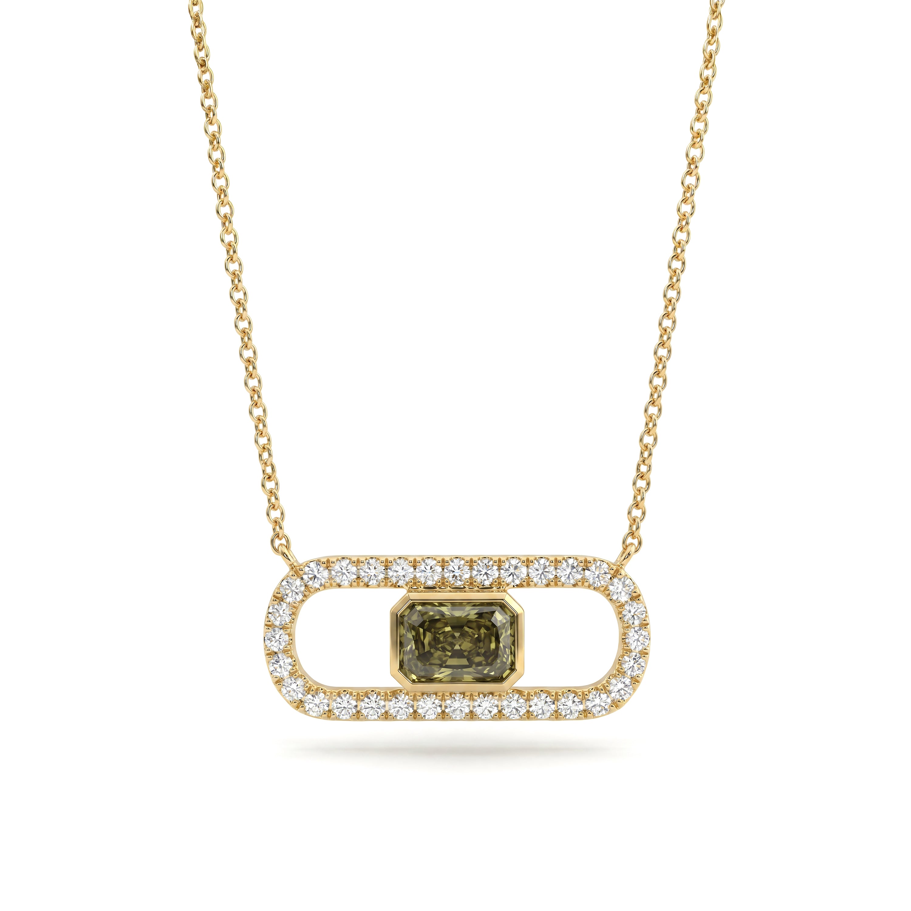 Natural Green Radiant Diamond Bezel Paperclip Necklace | GIA Certified