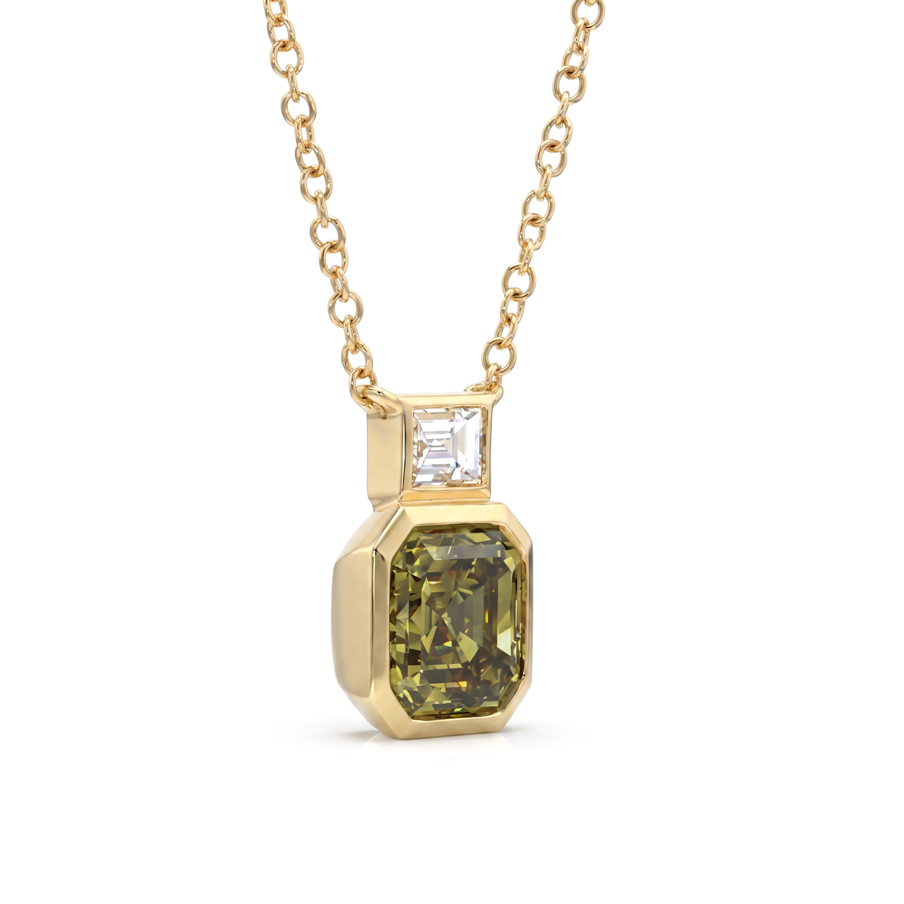 Natural Green Asscher Diamond Bezel Necklace | GIA Certified