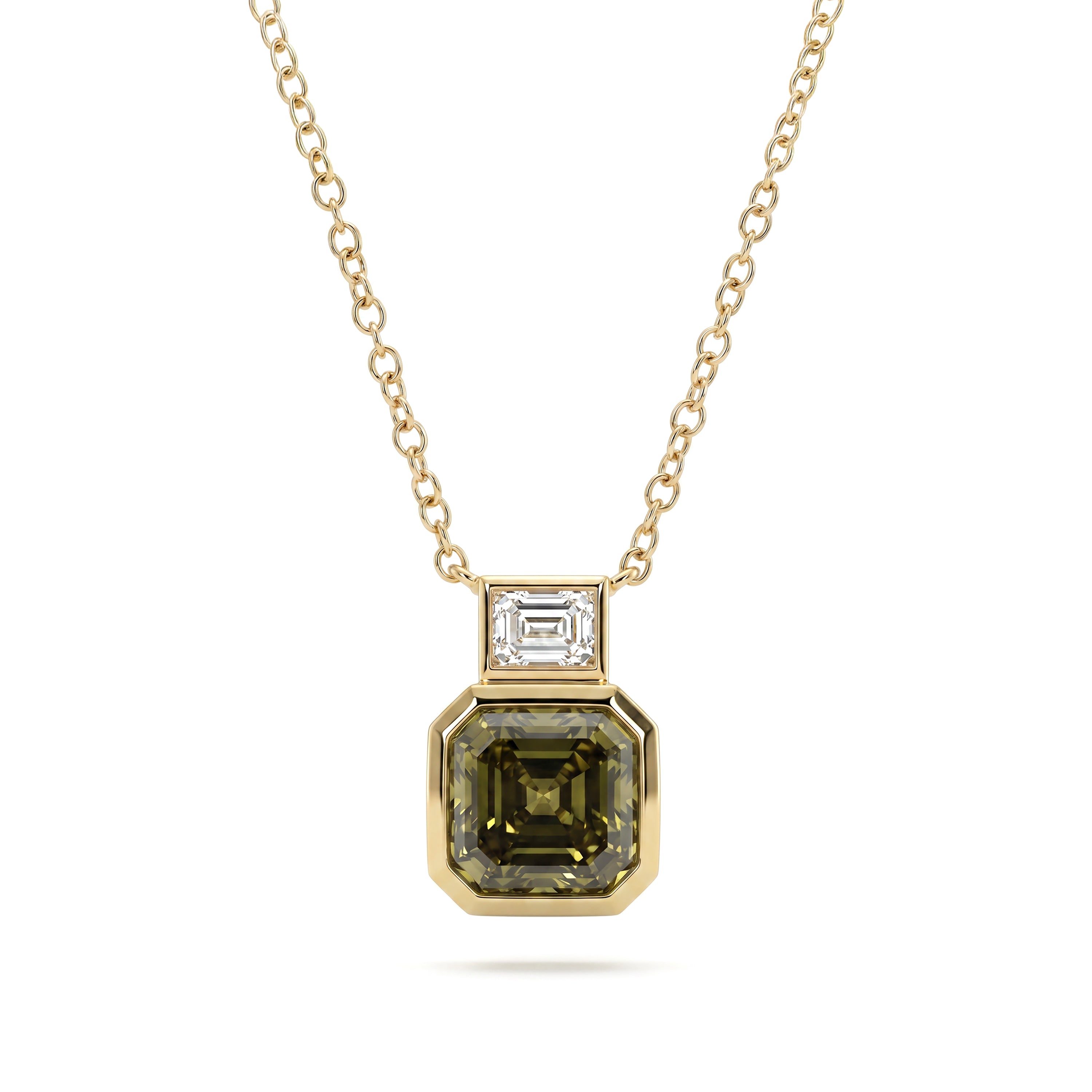 Natural Green Asscher Diamond Bezel Necklace | GIA Certified