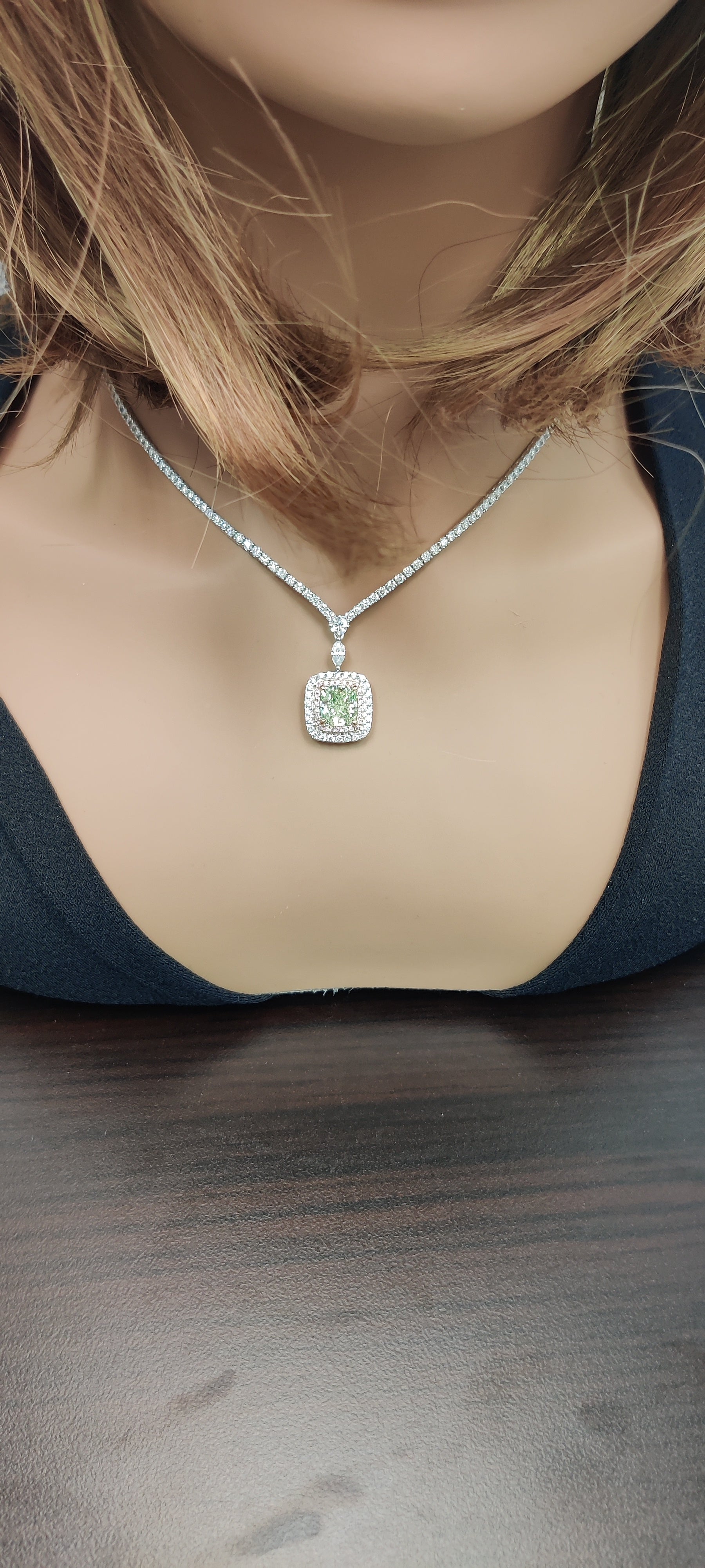 Natural Green Cushion Diamond Necklace GIA Certified product image 5